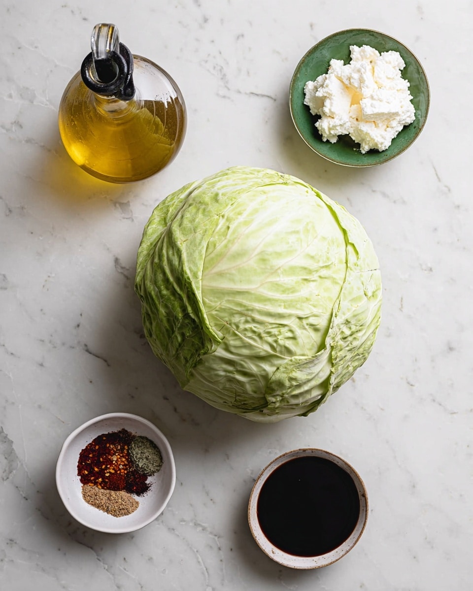 A large round green cabbage with a light green color sits in the center on a white marbled surface. Above it to the left is a clear glass bottle filled with golden olive oil with a black spout. Above to the right is a small green bowl filled with soft white cheese. Below the cabbage on the left is a small white bowl holding mixed dry spices including paprika, salt, and dried onion pieces with red, brown, black, and white tones. To the right below the cabbage is a small bowl with dark soy sauce with a glossy surface. The items are spaced out evenly and are shown from a top view. Photo taken with an iphone --ar 4:5 --v 7