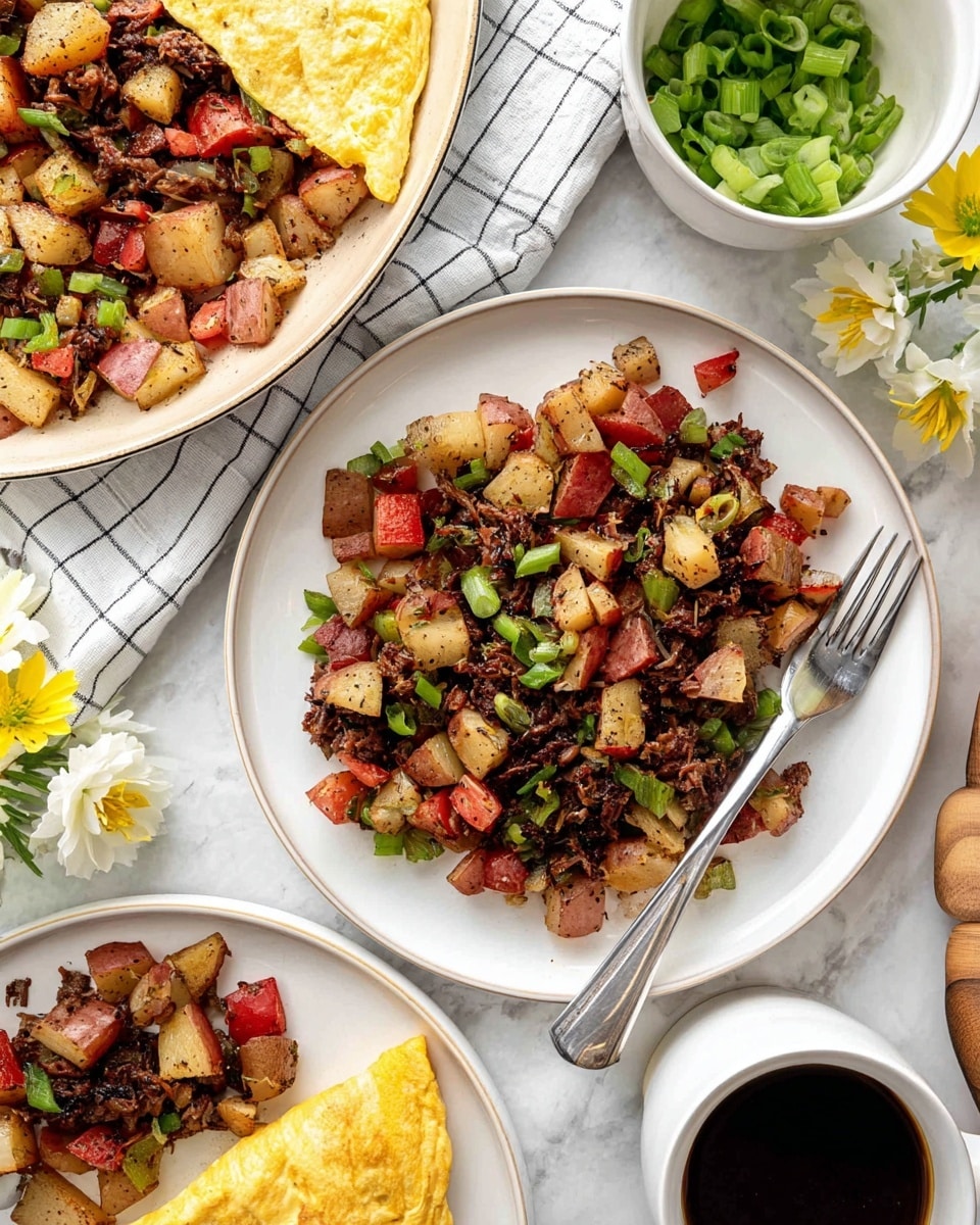 The image shows a white plate with a mix of diced red-skinned potatoes, shredded dark brown meat, and chopped green bell peppers, all seasoned with specks of black pepper and topped with sliced green onions. A silver fork rests on the right side of the plate. Nearby, there is a white bowl filled with sliced green onions and two white cups, each containing black coffee. Part of another white plate is visible, holding the same potato and meat mix alongside a folded yellow omelette, all placed on a white marbled surface with a white and gray checkered cloth and small white and yellow flowers nearby. A white pan with the remaining potato and meat mix and a wooden spoon completes the setting. Photo taken with an iphone --ar 4:5 --v 7