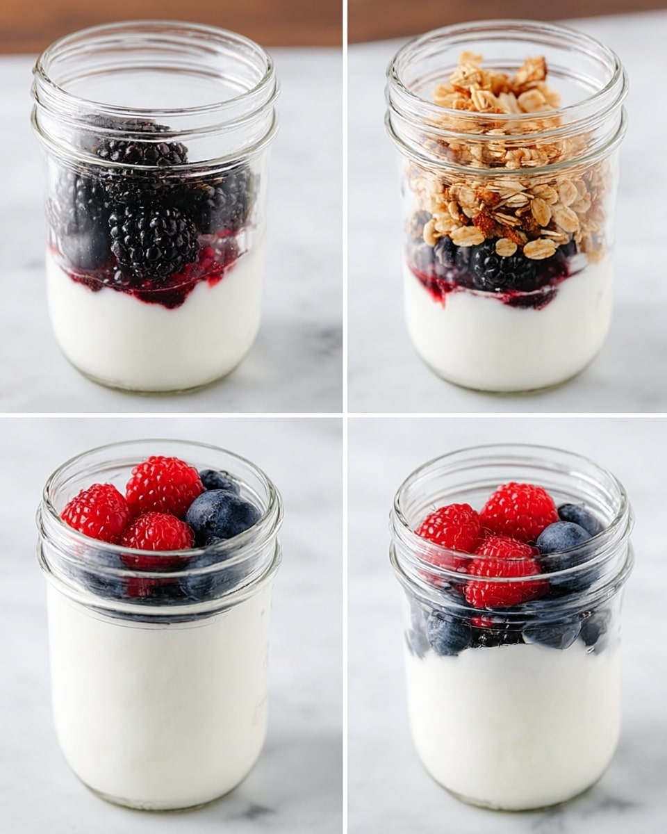 The image shows a clear glass jar with four layers inside: the bottom layer is smooth white yogurt covering the base, followed by a layer of mixed berries including blackberries, blueberries, and raspberries in dark purple, blue, and red colors. Above the berries is another layer of white yogurt that slightly covers some berries inside, and the top layer is a mix of granola with light brown clusters and scattered berries of the same colors. The jar sits on a white marbled surface. photo taken with an iphone --ar 4:5 --v 7