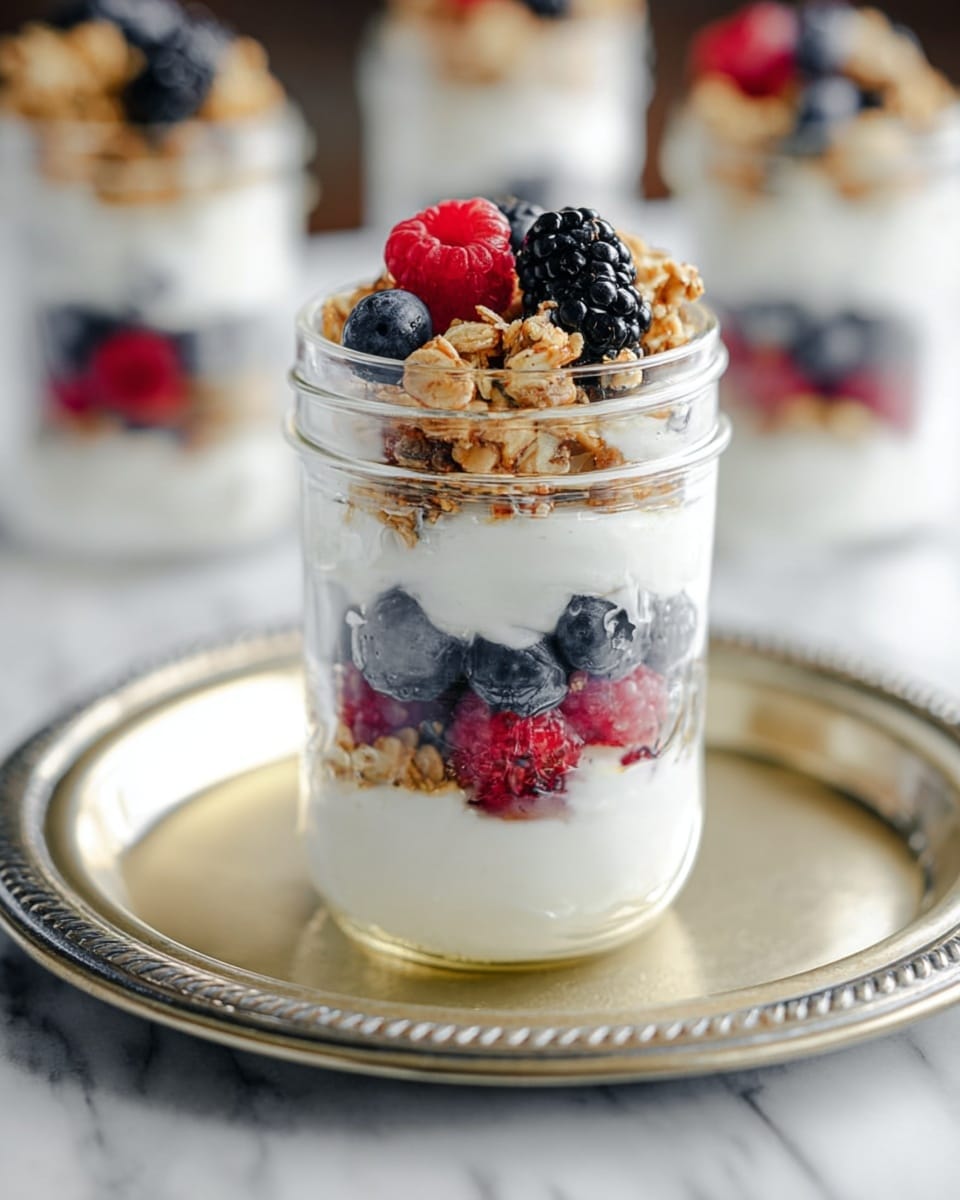 A clear glass jar filled with a dessert layered in four parts: the bottom layer is white yogurt with some blueberries visible inside, the second layer contains a mix of red raspberries and dark blue blueberries, the third layer is another layer of white yogurt, and the top layer is a mix of granola pieces along with blackberries and blueberries. The jar is placed on a round metal tray with a shiny gold rim, resting on a white marbled surface. The background is softly blurred but shows more of the same jars in the distance. Photo taken with an iphone --ar 4:5 --v 7