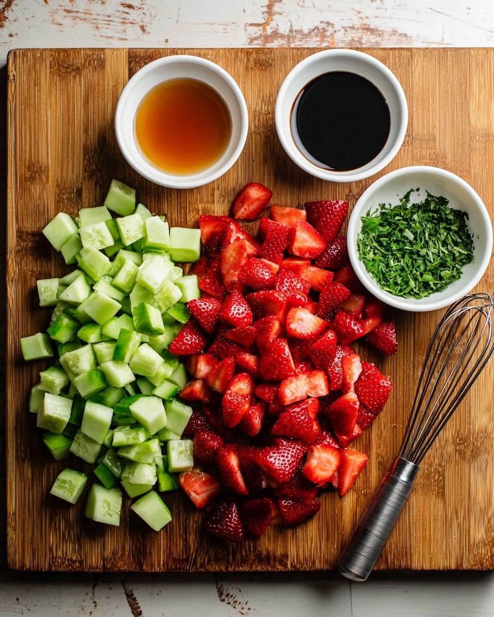 A wooden cutting board sits on a white marbled surface, holding four groups of ingredients arranged horizontally. On the left, bright green cucumber pieces are chopped into medium chunks with a fresh, smooth texture. Next, a large pile of vibrant red strawberries is cut into halves and quarters, showing a juicy and slightly shiny surface. To the right of the strawberries, a small heap of finely chopped dark green herbs adds a fresh touch. Surrounding the cutting board are three white bowls: one in the top left with thick golden honey, one in the bottom left with dark soy sauce, and one in the top right empty with a silver whisk resting inside. photo taken with an iphone --ar 4:5 --v 7
