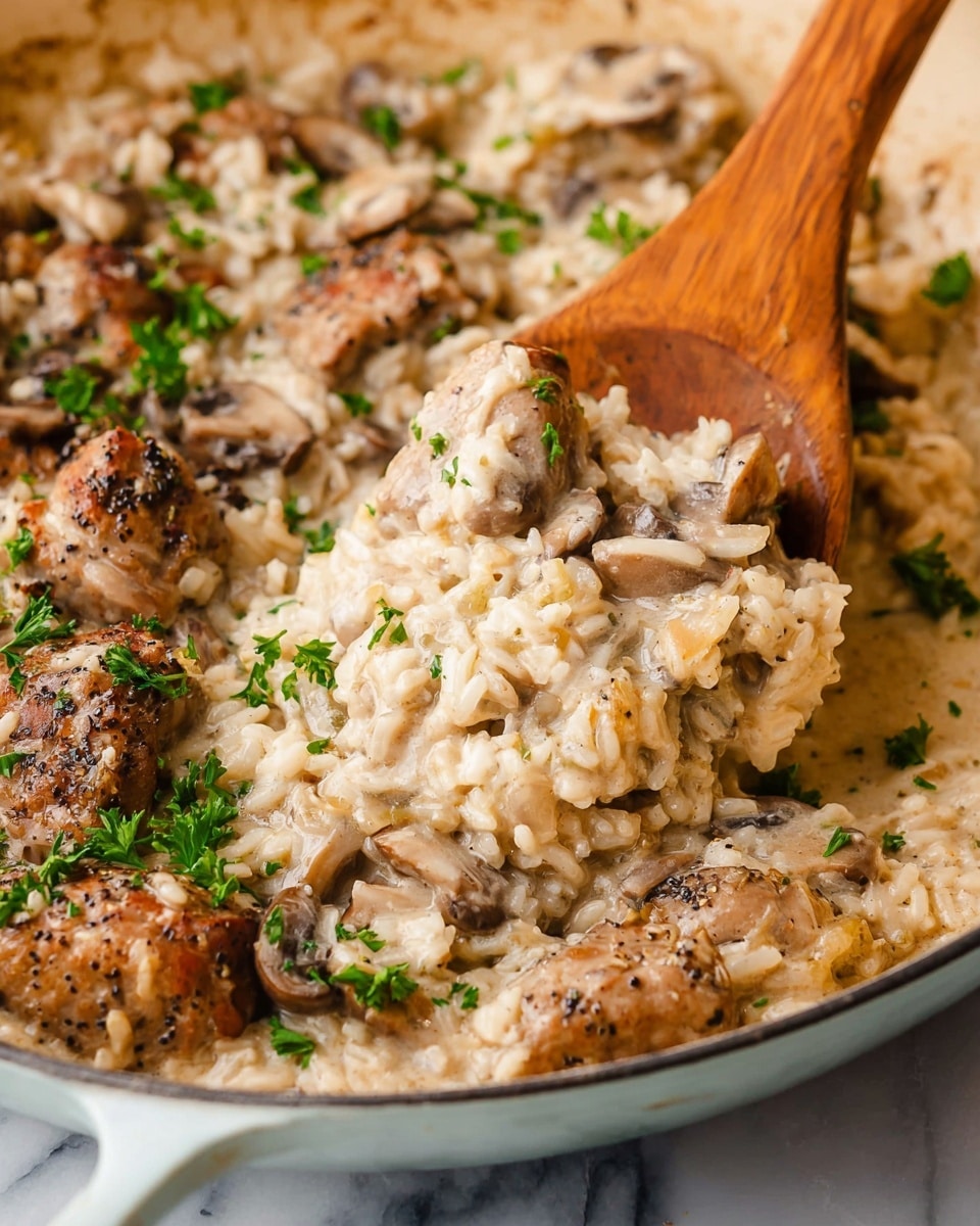 The image shows a close-up of a creamy dish with several layers: the base is soft, cooked rice in a light beige color mixed with a thick cream sauce, layered with browned, tender pieces of meat covered with black pepper and herbs. There are sliced mushrooms mixed in, light brown with smooth texture, scattered around the rice and meat. Small green parsley leaves are sprinkled on top, adding a touch of fresh color. The food is being scooped up by a wooden spoon, held by a woman's hand, all inside a white cast iron pan. The setting is on a white marbled surface. photo taken with an iphone --ar 4:5 --v 7