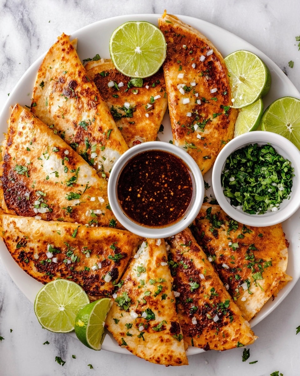 A white plate holds eight folded quesadillas arranged in a circular pattern, each with a golden-brown, slightly crispy surface dotted with green cilantro pieces and small white onion bits. The edges of the quesadillas show a darker, toasted texture with hints of melted cheese and filling peeking out. On the plate around the quesadillas are four lime wedges placed at intervals. Two small white bowls rest on the plate: one filled with dark red-brown dipping sauce garnished with chopped cilantro, and the other filled with fresh chopped green cilantro. The whole setup is on a white marbled surface. Photo taken with an iphone --ar 4:5 --v 7