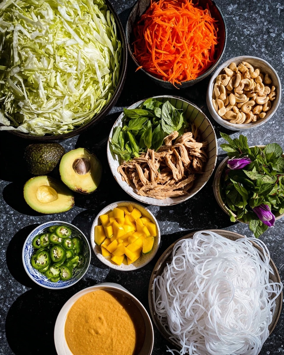 The image shows a variety of fresh and colorful ingredients arranged on a dark surface, with a white marbled texture background. There is a large bowl filled with thinly shredded pale green cabbage on the top left, and next to it, a smaller white bowl holds bright orange carrot ribbons. Above it, a dark bowl contains two halved avocados with smooth green flesh. Small white bowls hold bright yellow diced mango, sliced green jalapeños, and a pile of light brown chopped nuts. A medium white bowl contains strips of cooked, light brown shredded meat topped with fresh green basil leaves. Thinly sliced green onions are in a small white bowl with blue trim, and fresh green herbs with purple edible flowers sit in another small white bowl. Thin, white, translucent rice noodles fill a large bowl at the bottom right. Near the bottom left, a white bowl with thick, creamy orange-colored sauce completes the scene. Photo taken with an iphone --ar 4:5 --v 7