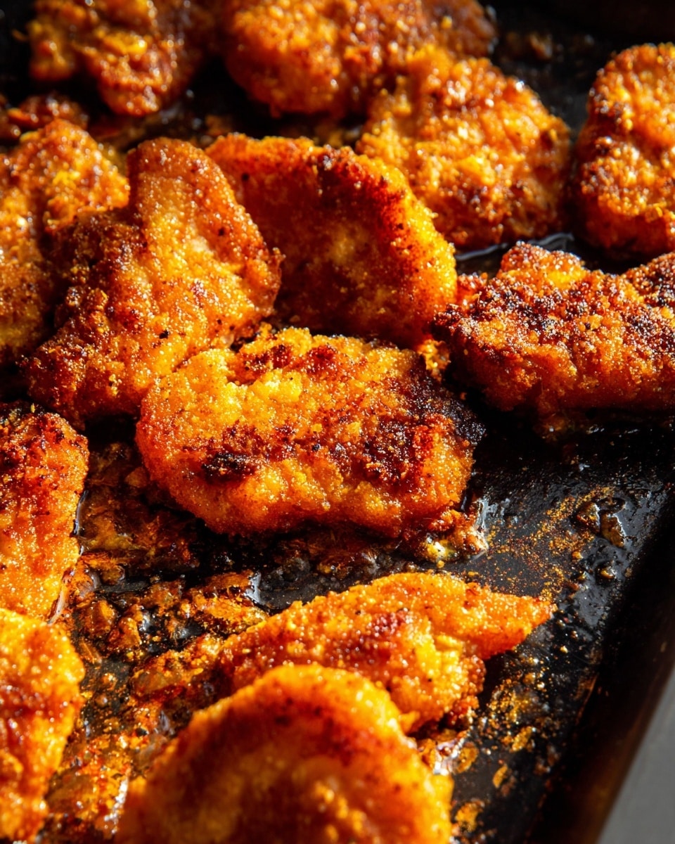 Close-up view of several crispy fried orange-brown pieces of food with a rough, crunchy texture scattered on a dark baking tray. The pieces have uneven shapes and surfaces, showing areas of darker brown char and bright orange seasoning. The tray has blackened edges with visible spots of cooking oil and small crumbs. The light highlights the texture and color contrast of the crispy coating on the food. photo taken with an iphone --ar 4:5 --v 7