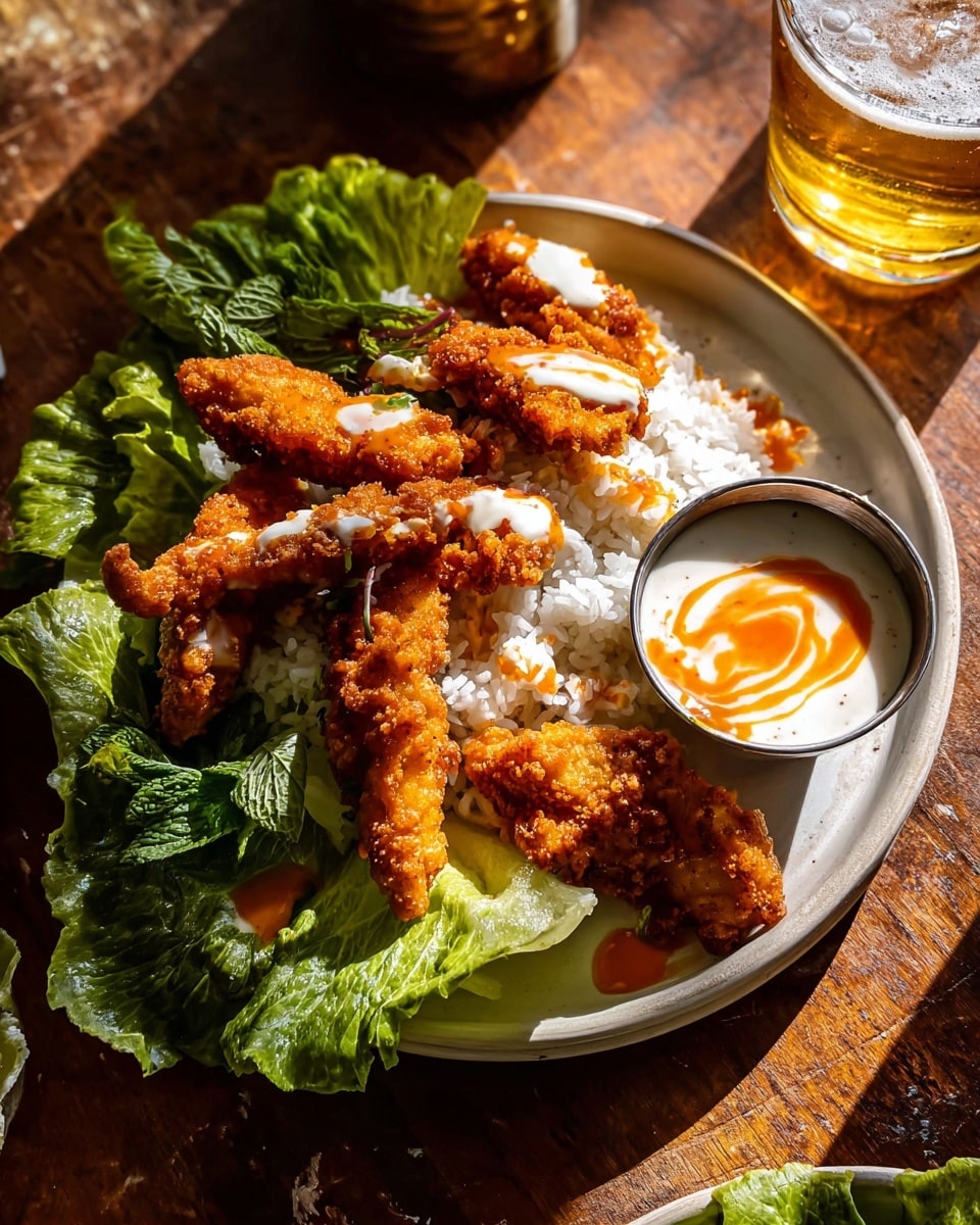 A round white plate with a base layer of white cooked rice, topped with medium green leafy lettuce leaves arranged on the right and left edges. On top of the rice and lettuce, there are several golden brown fried chicken strips with a crispy texture, some drizzled with white creamy sauce. A small metal cup with creamy white sauce swirled with orange sauce sits on the right side over the lettuce. The plate sits on a wooden table with a glass of light beer nearby, glowing in warm natural sunlight. photo taken with an iphone --ar 4:5 --v 7