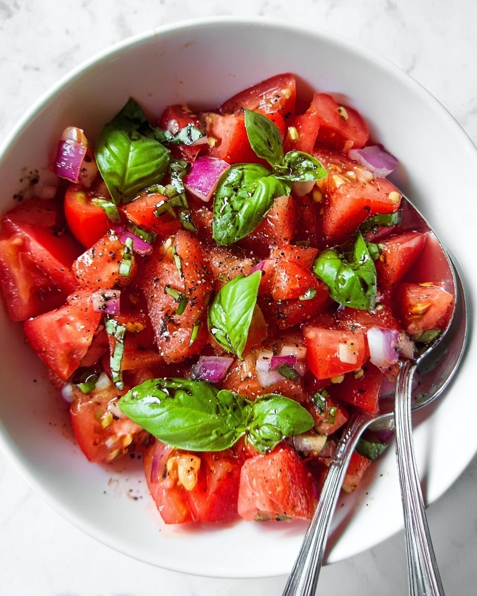A white bowl filled with a fresh tomato salad showing roughly chopped bright red tomato pieces layered with small cubes of purple onion and green basil leaves scattered on top. The salad is lightly sprinkled with coarse black pepper and glistening with a clear dressing. Two metal forks rest inside the bowl on the left side, and the background features a white marbled texture. photo taken with an iphone --ar 4:5 --v 7