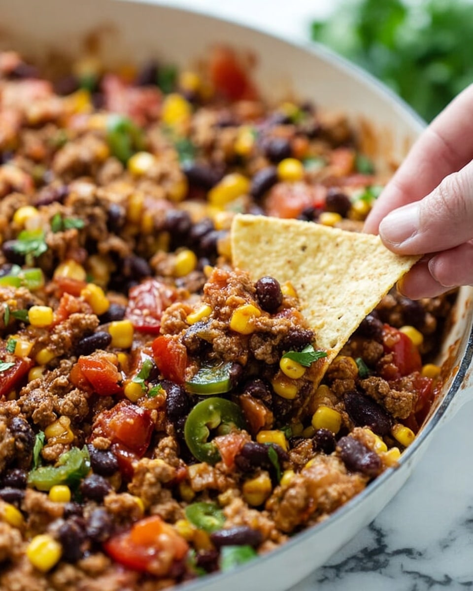 A close-up of a white skillet filled with a colorful mix of cooked ground meat, black beans, yellow corn, diced red tomatoes, green sliced jalapeños, and small pieces of onion. A woman's hand is holding a pale yellow rectangular tortilla chip scooping up the mixture, showing the chunky texture and bright colors of the ingredients. The background shows a white marbled surface with slight green leafy shapes blurred behind. Photo taken with an iphone --ar 4:5 --v 7