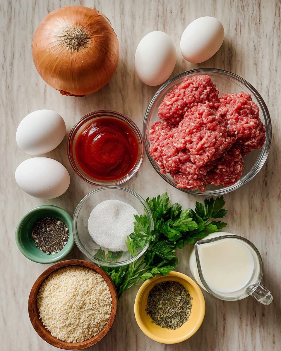 A clear glass bowl sits near the top right filled with raw ground meat showing a mix of red and pink with a coarse texture. To its left, a whole brown onion rests on the white marbled surface next to three cloves of garlic and two white eggs placed in a line. Below the eggs, there is a small clear glass bowl holding smooth red ketchup. Moving down, a small green bowl contains black pepper, while a wooden bowl holds white salt. To the right, a small white metal cup is filled to the top with beige breadcrumbs, overlapping fresh green parsley leaves beneath it. Lastly, a metal measuring cup with a handle contains white milk, and to the lower right, a small yellow bowl holds dried green herbs. Photo taken with an iphone --ar 4:5 --v 7