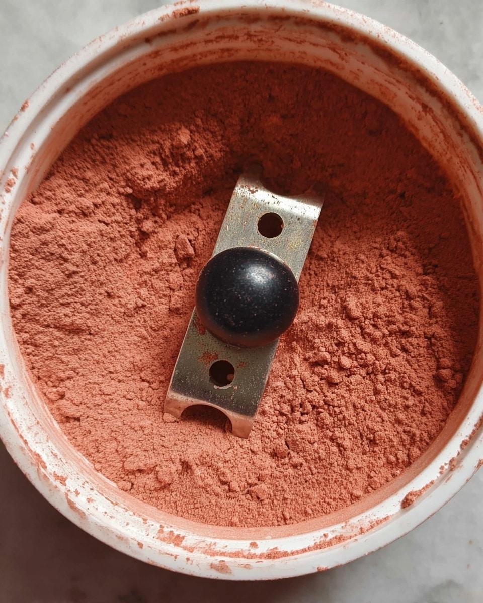 A close-up image showing a white container with a layer of fine reddish-brown powder evenly spread inside. In the center lies a metal blade with two holes, one near each end, and a black round plastic knob attached at the middle of the blade. The reddish powder covers most of the blade surface, and the background is a white marbled texture. photo taken with an iphone --ar 4:5 --v 7