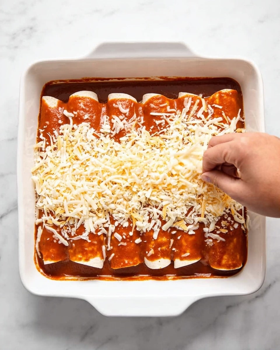 A white rectangular baking dish filled with five rolled enchiladas placed side by side, each covered with a smooth red sauce. A woman's hand is seen sprinkling shredded cheese over the enchiladas, adding a pale yellow and white layer on top. The dish sits on a white marbled surface, highlighting the rich colors and textures of the sauce and cheese. photo taken with an iphone --ar 4:5 --v 7