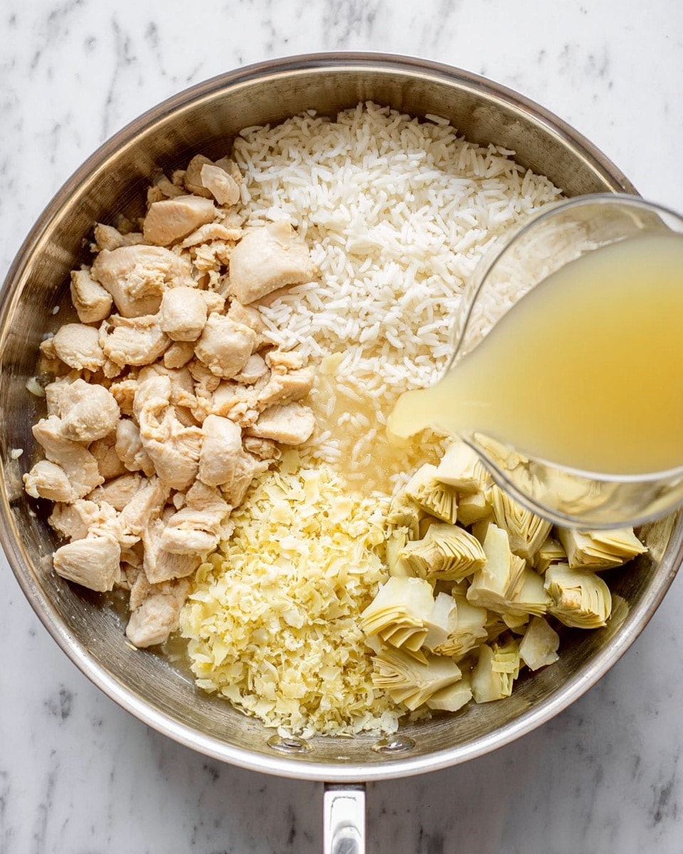 In a large round metal pan, there are four main parts arranged side by side: pale beige cooked chicken pieces with a slightly browned look on the top left, white cooked rice forming a clean textured pile on the top right, small shredded light yellow bits in the center, and chopped pale yellow artichoke hearts with soft edges on the bottom right. A clear glass cup is pouring a light yellow broth into the pan from the bottom left. The pan sits on a white marbled surface. photo taken with an iphone --ar 4:5 --v 7