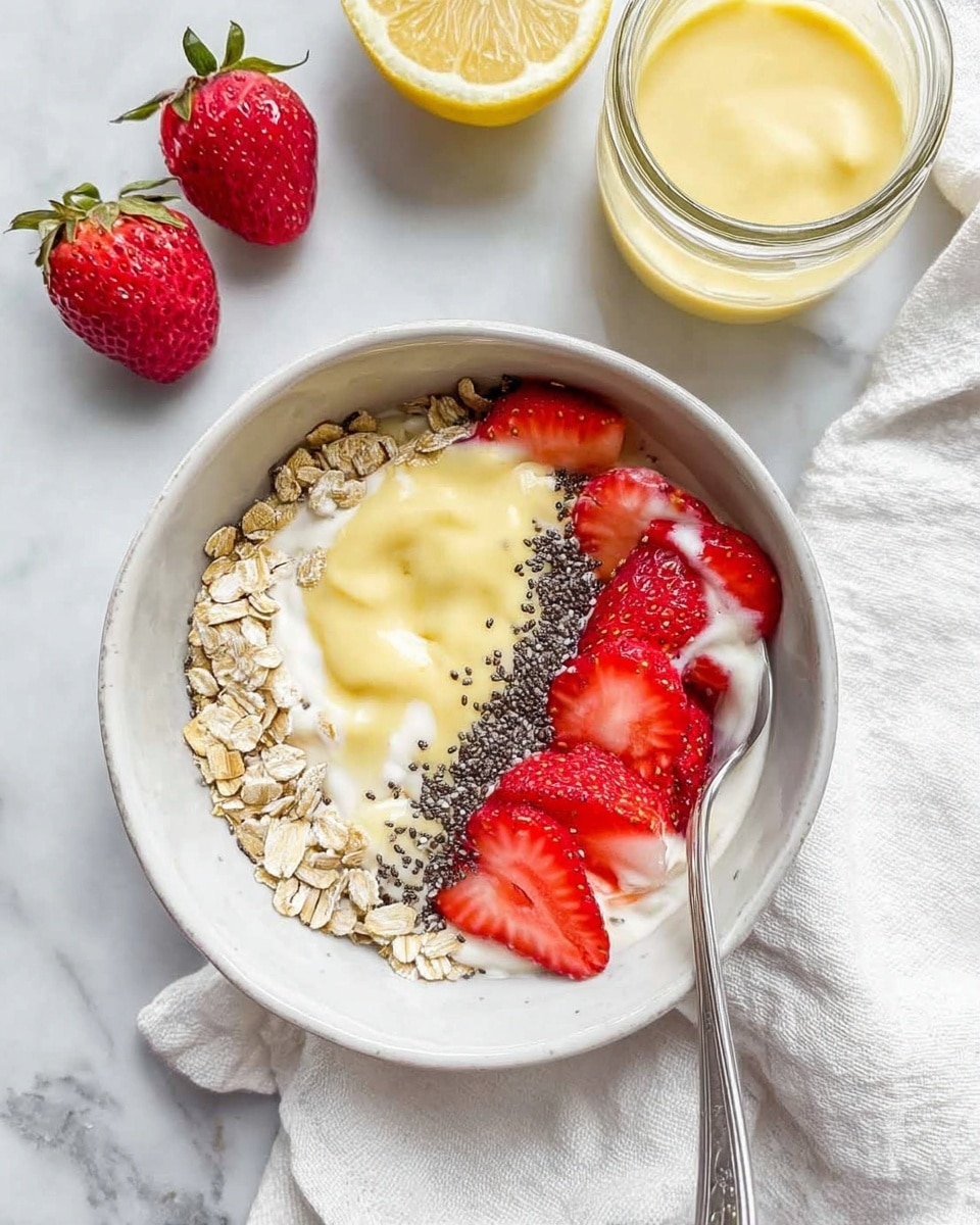 A white bowl sits on a white marbled surface with a white cloth and a strawberry nearby. Inside the bowl, the base is a creamy white yogurt. On top, there are four different layers arranged side by side: on the far left, a rough beige oatmeal layer with a coarse texture, next to it, a layer of tiny, black chia seeds creating a fine grainy look, in the middle, a smooth, thick yellow cream, and on the far right, a row of bright red strawberry slices, neatly lined up in a fan shape showing their juicy inner texture. A silver spoon lies to the right of the bowl. photo taken with an iphone --ar 4:5 --v 7