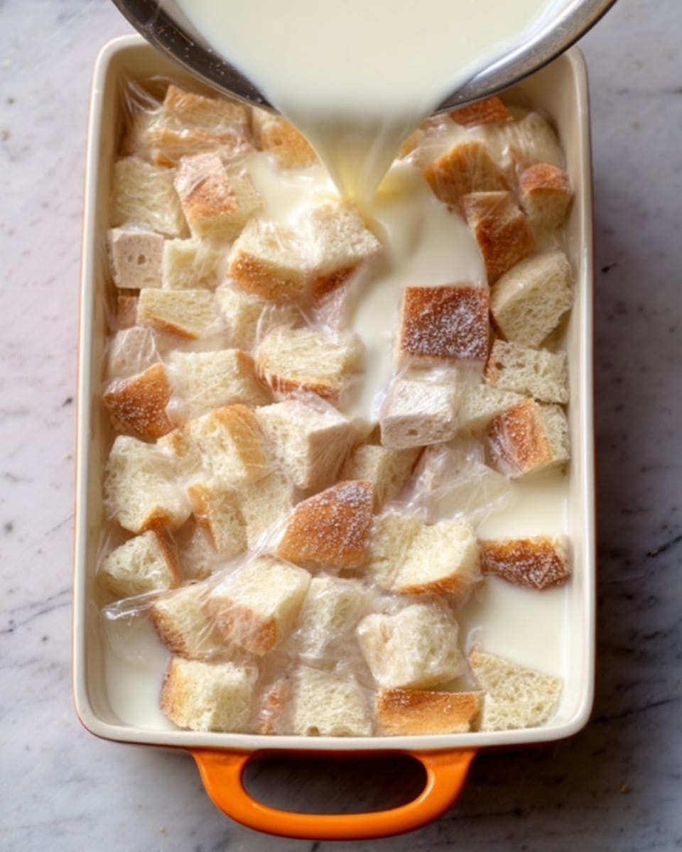 The image shows a white rectangular baking dish with orange handles, placed on a white marbled surface. Inside the dish, there is a first layer of cubed white and light brown bread pieces, filling the dish evenly. Next, a creamy white liquid is poured over the bread, soaking into the cubes. The same soaked bread pieces are then covered with clear plastic wrap, showing the soaked texture of the bread under it. In the final part, the bread cubes are lightly browned and sprinkled with white granulated sugar, giving the top layer a soft, textured look. photo taken with an iphone --ar 4:5 --v 7