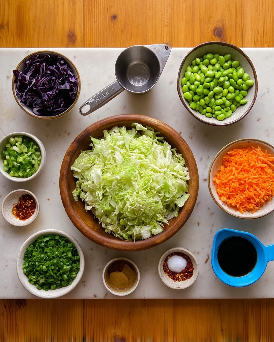 The image shows a wooden table with various small white and brown bowls and a measuring cup filled with different chopped ingredients arranged neatly. In the center, there is a wooden bowl filled with shredded light green lettuce. Surrounding it clockwise are small white and brown bowls containing chopped green onions, dark purple cabbage, green edamame beans, salt, minced garlic, grated ginger, soy sauce, and red chili flakes. Additionally, a small metal bowl holds chopped green herbs, and a blue measuring cup contains shredded orange carrots. The background is a white marbled surface. Photo taken with an iphone --ar 4:5 --v 7