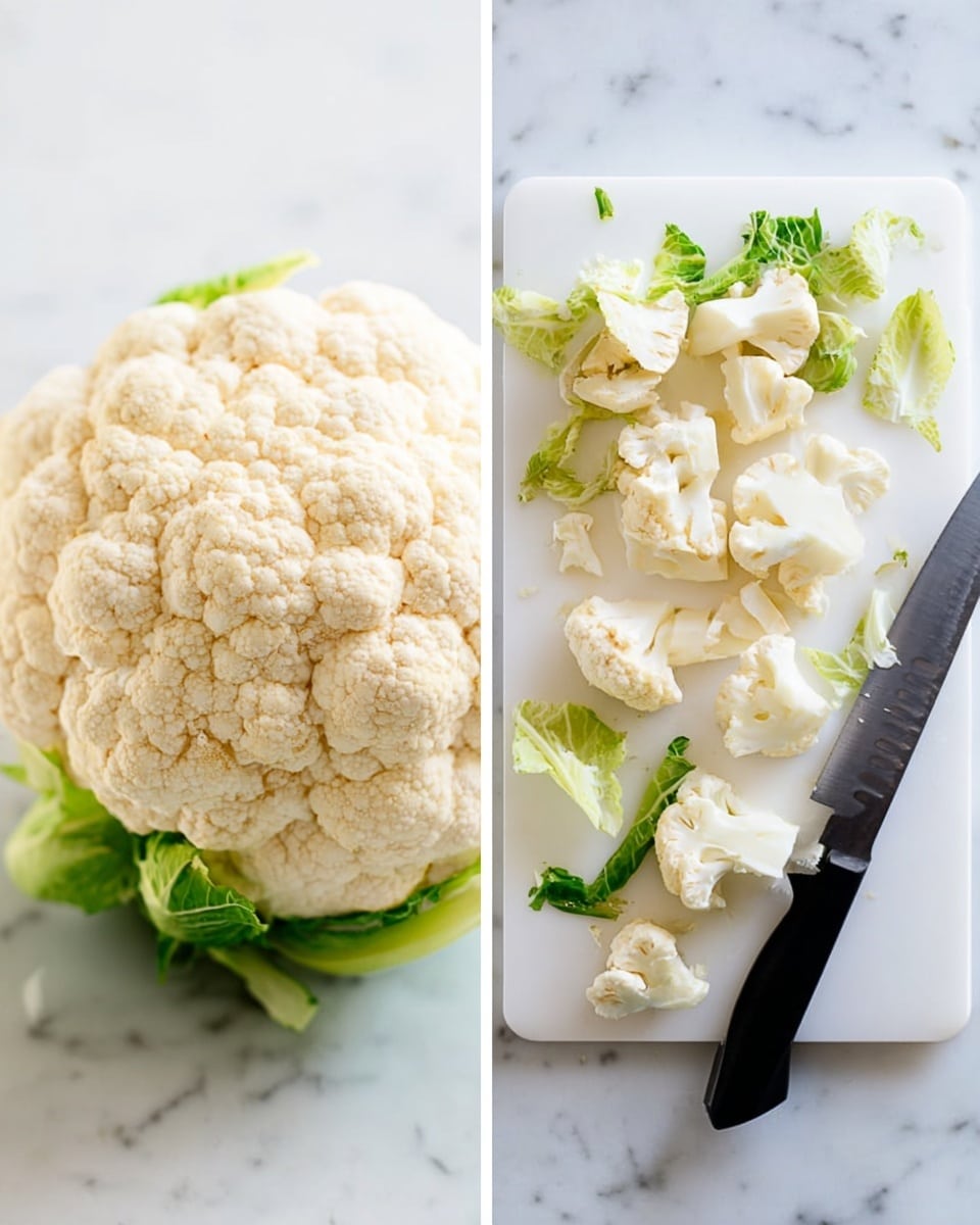 The image shows two views of a cauliflower on a white marbled surface. On the left side, a whole cauliflower with pale cream florets and some green leaves at its base is seen from above. On the right side, there is a white cutting board placed on the same white marbled surface, with a black-handled knife lying on it. The cutting board contains several large light cream cauliflower florets, some small broken pieces, and green leaves scattered around, showing the cauliflower partly prepared. The photo has clear bright lighting with a clean and fresh look. Photo taken with an iphone --ar 4:5 --v 7