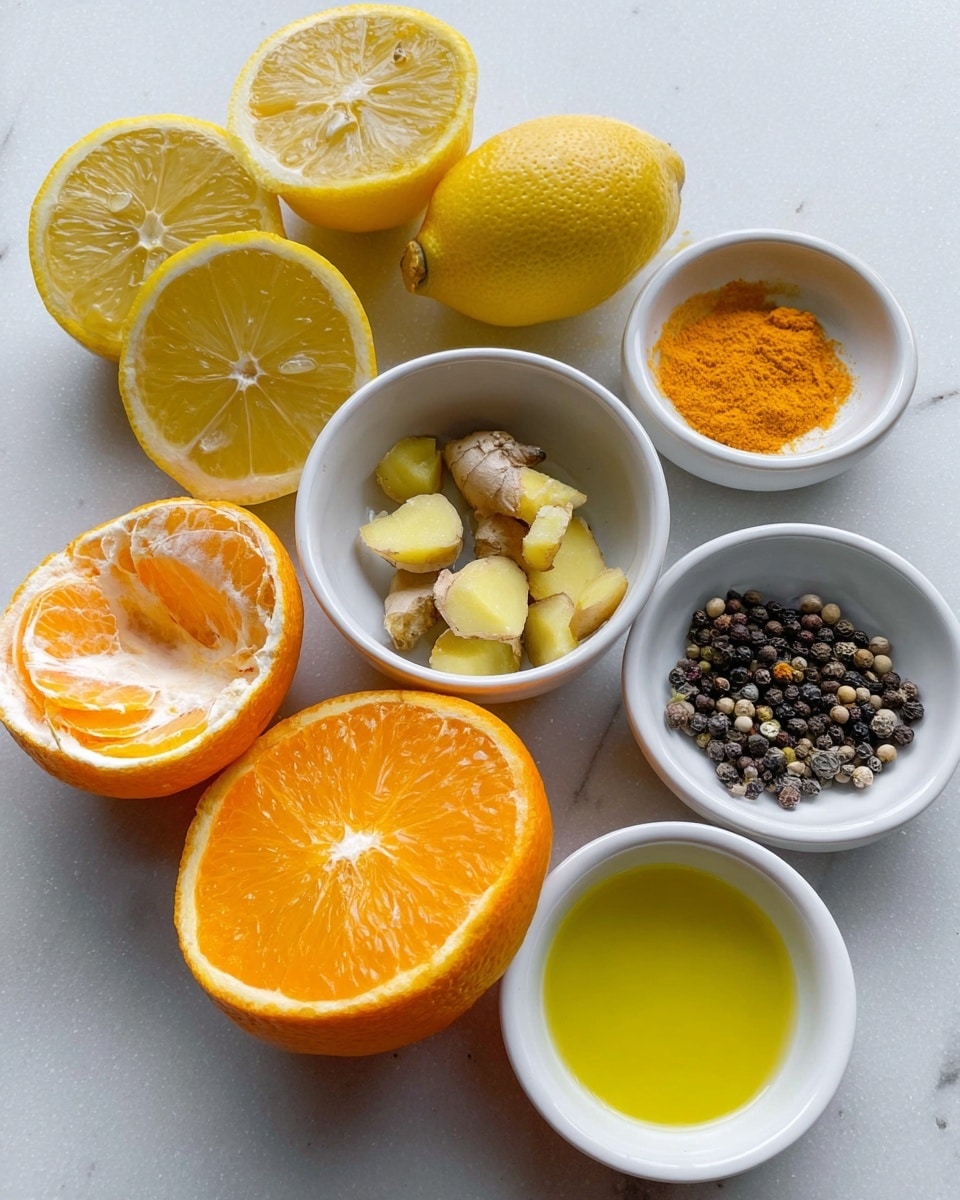 The image shows several ingredients placed on a white marbled surface. At the top, there are three lemon halves with bright yellow flesh and a whole orange with a textured orange peel. Below, there is a peeled orange showing its thick white pith and juicy sections. In the middle, there are three small white bowls; one bowl contains chopped fresh ginger pieces with light brown skin and pale yellow inside, the second bowl has a small amount of bright orange turmeric powder, and the third bowl holds a mix of black and white peppercorns. Another small white bowl contains a yellow-green liquid, likely olive oil. All items are arranged closely together in a neat layout. Photo taken with an iphone --ar 4:5 --v 7