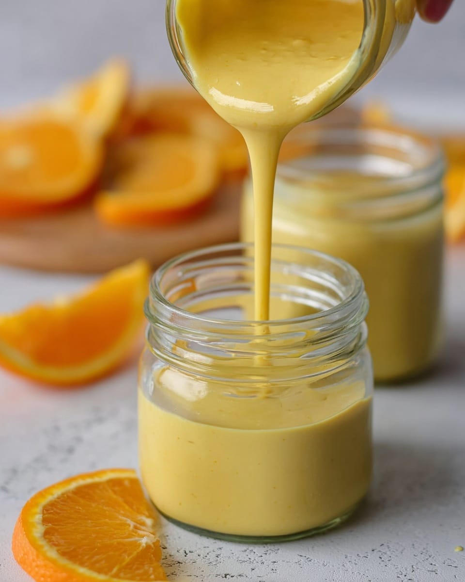 A close-up image showing a woman's hand pouring thick, smooth yellow sauce from one clear glass jar into another identical jar below. The sauce flows in a steady stream. In the background, there are blurred orange slices placed on a white marbled surface, adding a fresh feel to the scene. The jars are transparent and show the creamy texture of the sauce inside. photo taken with an iphone --ar 4:5 --v 7