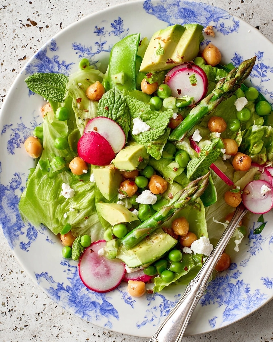 A salad presented in a white plate with blue floral edges shows a mix of fresh ingredients layered evenly. At the bottom, bright green leafy lettuce and fresh mint leaves create a leafy base with textured veins. On top, there are small chunks of light green avocado and sliced green asparagus tips, adding a smooth and fibrous texture. Scattered around are small, round green peas and golden roasted chickpeas for contrast. Thin slices of red and white radishes with their light pink centers add brightness, along with small white crumbles of cheese spread in different spots. A silver spoon rests on the right edge of the plate against a white marbled textured background. photo taken with an iphone --ar 4:5 --v 7