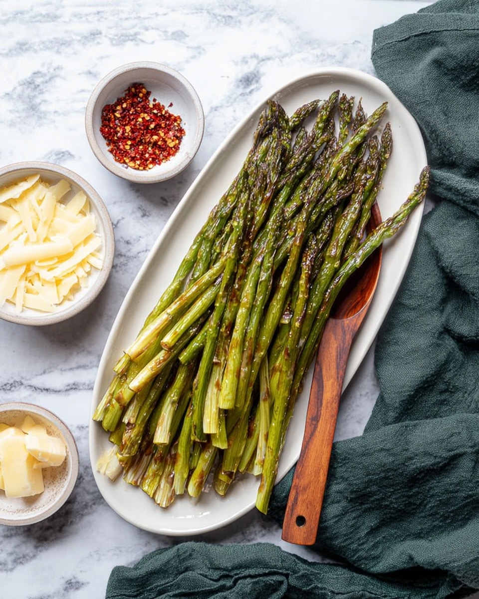 The image shows a long, white oval plate with a pile of cooked asparagus spears stacked in the center. The asparagus is green with some brown grill marks, and it looks tender and slightly shiny. Underneath the plate, there is a dark green cloth loosely gathered on a white marbled surface. To the left of the plate, there are two small white bowls—one with thin pale yellow cheese shavings and the other with red chili flakes. A large wooden fork and spoon rest on the side of the plate, partially under the asparagus. photo taken with an iphone --ar 4:5 --v 7