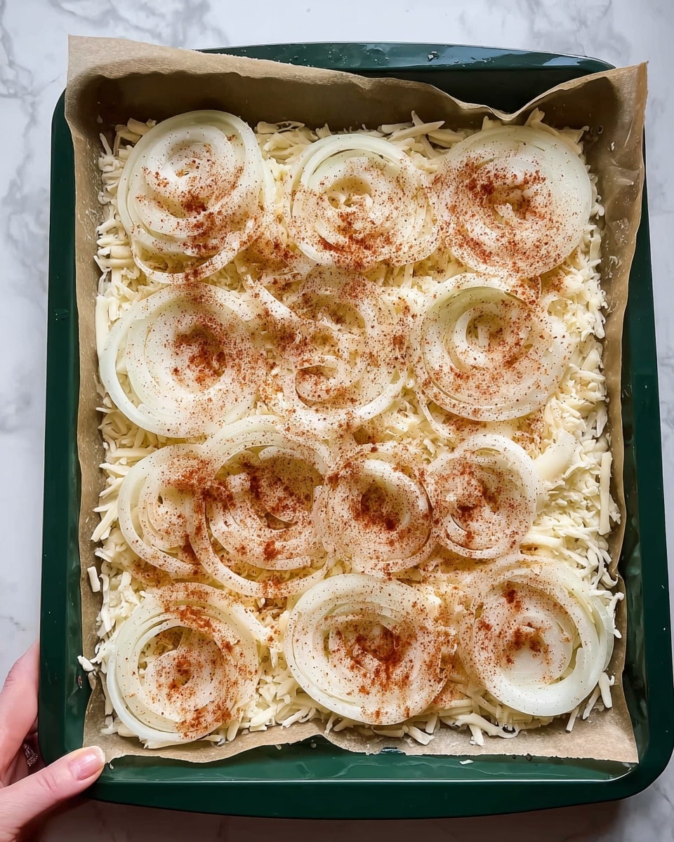 The image shows a green baking tray lined with parchment paper on a white marbled surface. Inside the tray, there is one layer of shredded white cheese spread evenly at the bottom. On top of this cheese layer, there is a single layer of thinly sliced white onion rings arranged to cover the whole surface. The onion slices are sprinkled with a reddish-brown spice, likely paprika, and some light beige seasoning. A woman's hand is holding the tray at the bottom right corner. photo taken with an iphone --ar 4:5 --v 7