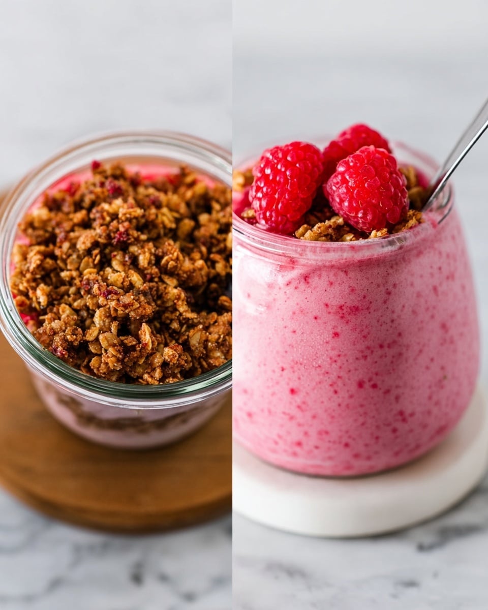 The image shows a close-up of a clear glass cup filled with a pink smoothie base that has a frothy texture. On top of this smoothie layer, there is a layer of crunchy, golden brown granola spread unevenly. Three bright red raspberries are placed on top of the granola, adding a fresh and vibrant touch. A metal spoon is inserted into the glass, resting on the granola. The glass sits on a white round wooden coaster, all placed on a white marbled surface. Photo taken with an iphone --ar 4:5 --v 7