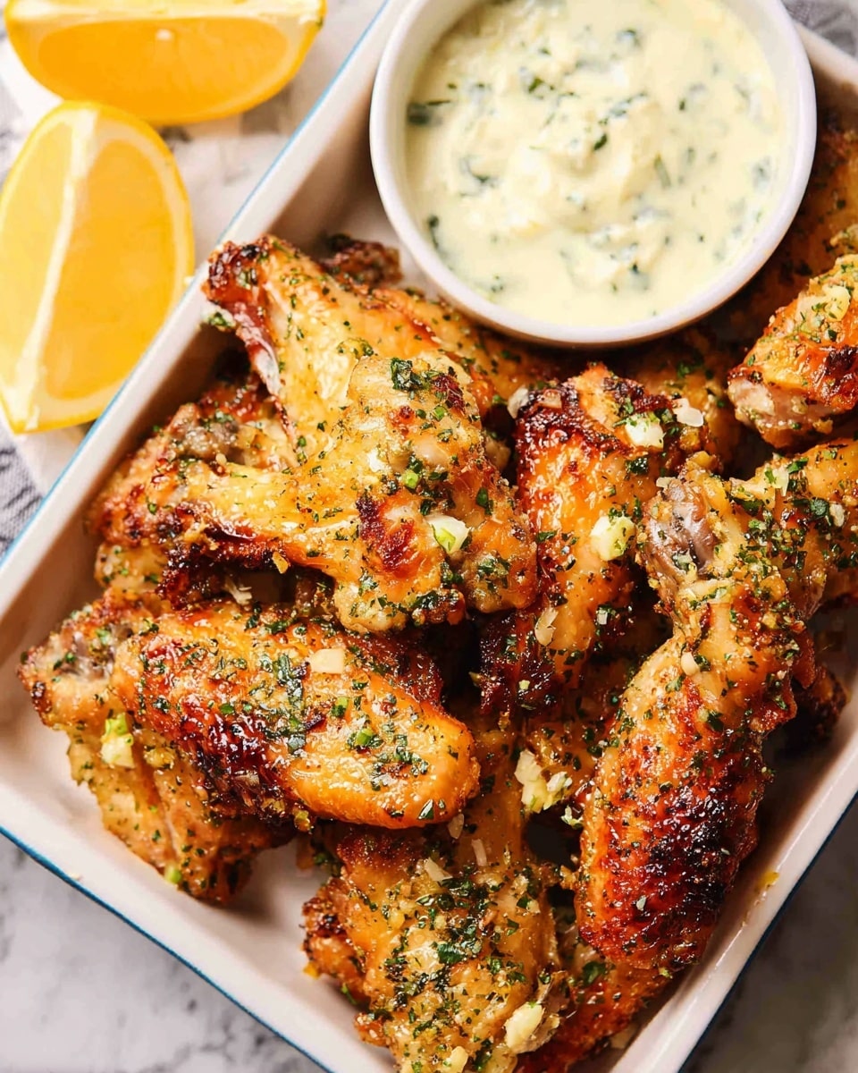 A close-up view of a white rectangular dish filled with about ten golden brown chicken wings seasoned with chopped green herbs and small white bits of garlic. The wings are arranged in layers, some overlapping, showing crispy and slightly charred textures. On the top side of the dish is a small white bowl filled with a creamy white sauce with green herb pieces mixed in. To the left of the dish are two lemon halves resting on a white marbled surface. The image is bright and sharp, focusing on the details of the wings and sauce. Photo taken with an iphone --ar 4:5 --v 7