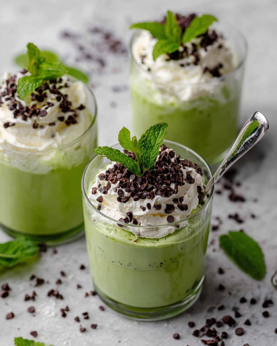 The image shows three clear glass cups filled with a green creamy drink. Each cup has two main layers: the bright green creamy drink on the bottom, and a thick white whipped cream layer on top. The whipped cream is decorated with small dark chocolate chips and fresh green mint leaves standing upright. One of the cups in the front has a silver spoon inside it. The background is a white marbled surface with some scattered chocolate chips and fresh mint leaves around the glasses. Photo taken with an iphone --ar 4:5 --v 7