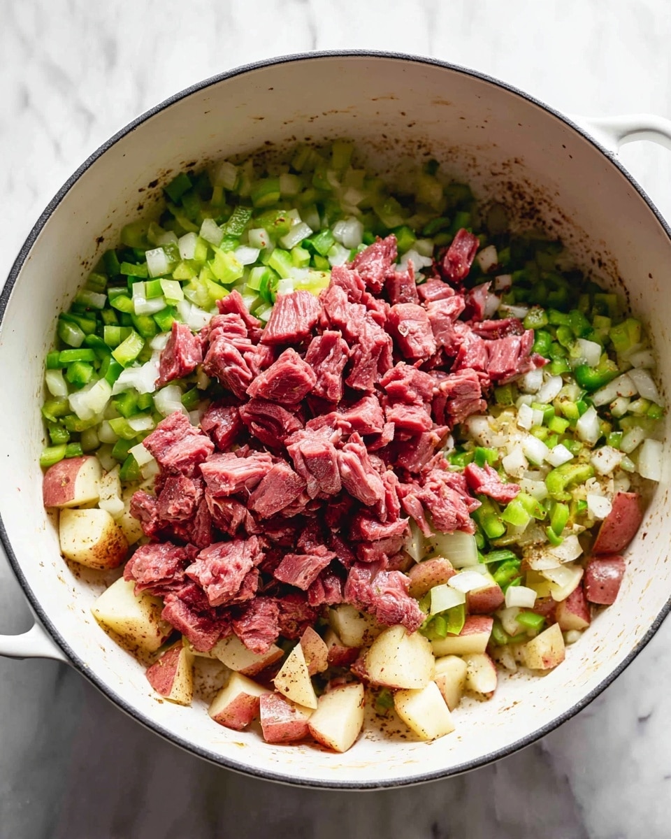 The image shows a close-up of a white pot on a white marbled surface, containing three visible layers of ingredients. The bottom layer is made of chopped red-skinned potatoes that are lightly browned and seasoned, scattered around the edges. Above the potatoes is a layer of finely diced green bell peppers and onions mixed together, forming a green and white colorful middle in the pot. The top layer consists of chunks of pinkish-red cooked meat, irregular in size, piled mostly in the center, with extra meat being added from a white bowl held by a woman's hand at the lower right side of the pot. Photo taken with an iphone --ar 4:5 --v 7