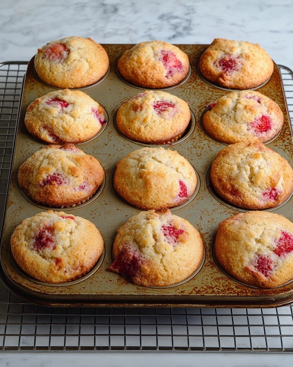 A metal muffin tray with twelve golden brown muffins, each filled with visible pieces of red strawberries, slightly raised and rounded on top with a soft, textured surface. The tray rests on a wire cooling rack over a white marbled surface. The muffins have a light golden crust with patches of darker browning, and the strawberry pieces are spread unevenly within each muffin, showing bright red and juicy bits against the warm, baked dough. The edges of the muffin tray show some darkening from baking, giving a rustic look. Photo taken with an iphone --ar 4:5 --v 7