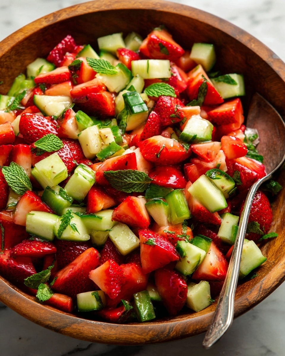A close-up view of a wooden bowl filled with a colorful salad made of three layers of roughly chopped strawberries, cucumbers, and some green mint leaves scattered on top. The strawberries are bright red with a juicy texture, the cucumber pieces are fresh green with light seeds inside, and the mint leaves add a darker green touch across the salad. The bowl sits on a white marbled surface, and a silver spoon peeks out from the right side inside the bowl, ready to serve. photo taken with an iphone --ar 4:5 --v 7