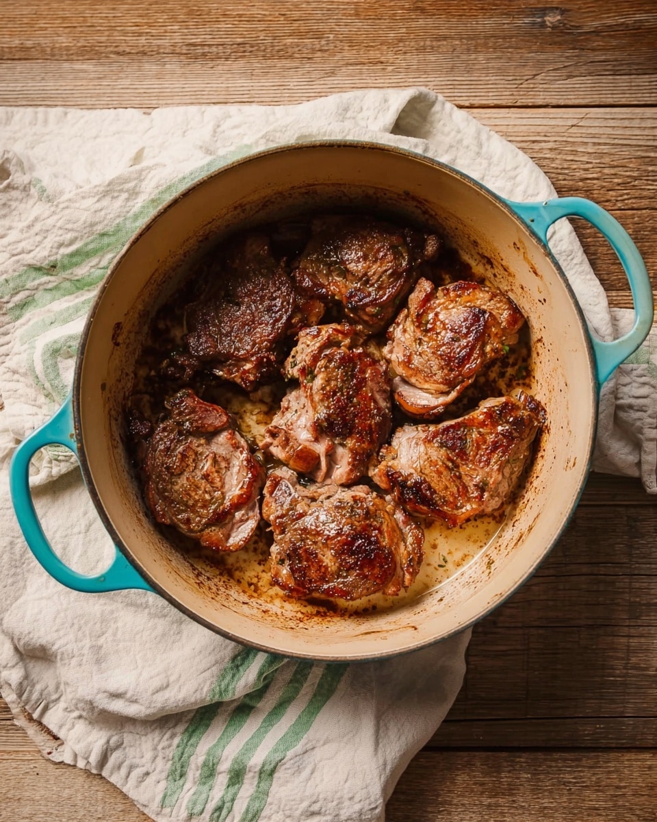 A round light blue pot with two handles holds seven browned and cooked pieces of meat inside. The inside of the pot is a creamy beige color, showing some cooked juices and browned bits around the meat. The pot sits on a wooden surface with a white cloth that has green stripes partly underneath it. The lighting is natural and warm, highlighting the textures and color of the meat. photo taken with an iphone --ar 4:5 --v 7