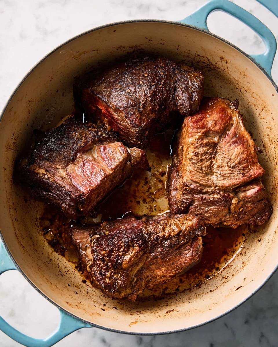 Four large pieces of browned meat with a crispy, dark brown surface sit inside a round, light blue pot with beige interior. The meat pieces have uneven, rugged textures with some pinkish parts visible, showing they are partly cooked. The pot rests on a white marbled surface, and there are browned bits and juices stuck to the bottom. The scene shows the meat arranged loosely without overlapping, highlighting the seared edges and cooked surfaces. Photo taken with an iphone --ar 4:5 --v 7