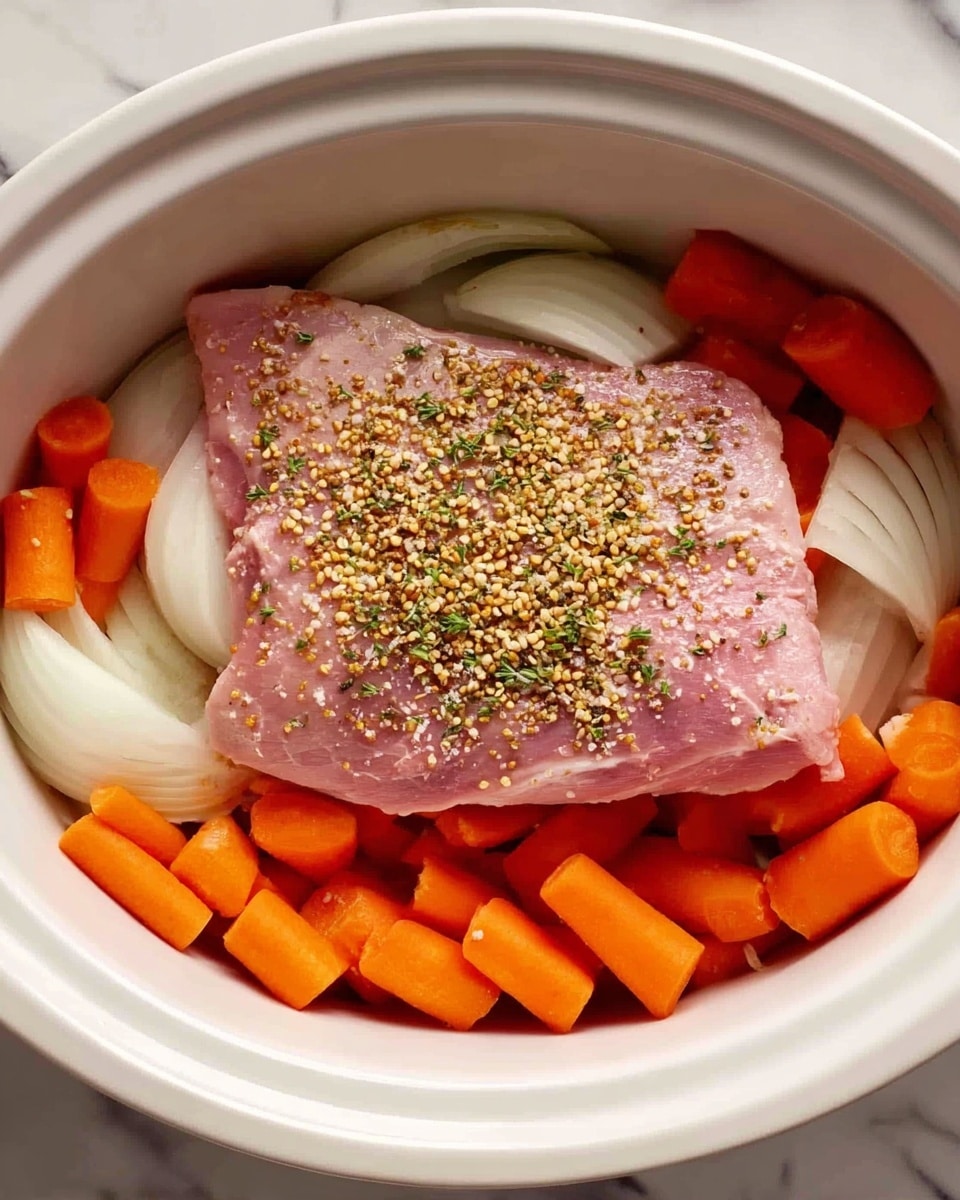 A white slow cooker bowl contains three visible layers: the bottom layer is made of thick slices of white onions, above that is a layer of bright orange baby carrots surrounding the edges, and the top layer is a large raw piece of pink ham placed in the center, sprinkled with a mix of yellow and brown mustard seeds and herbs. The bowl sits on a white marbled surface. photo taken with an iphone --ar 4:5 --v 7