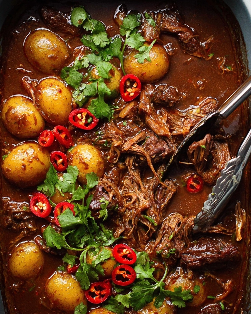 The image shows a close-up of a rich, brown stew with tender chunks of meat and small golden roasted potatoes layered throughout. Bright green fresh cilantro leaves and sliced red chili peppers are scattered on top, adding color contrast. The stew looks thick and glossy with visible textures of shredded meat and smooth sauce. Tongs and a ladle are partially visible, holding some of the meat in the dish. The background is a white marbled texture. photo taken with an iphone --ar 4:5 --v 7