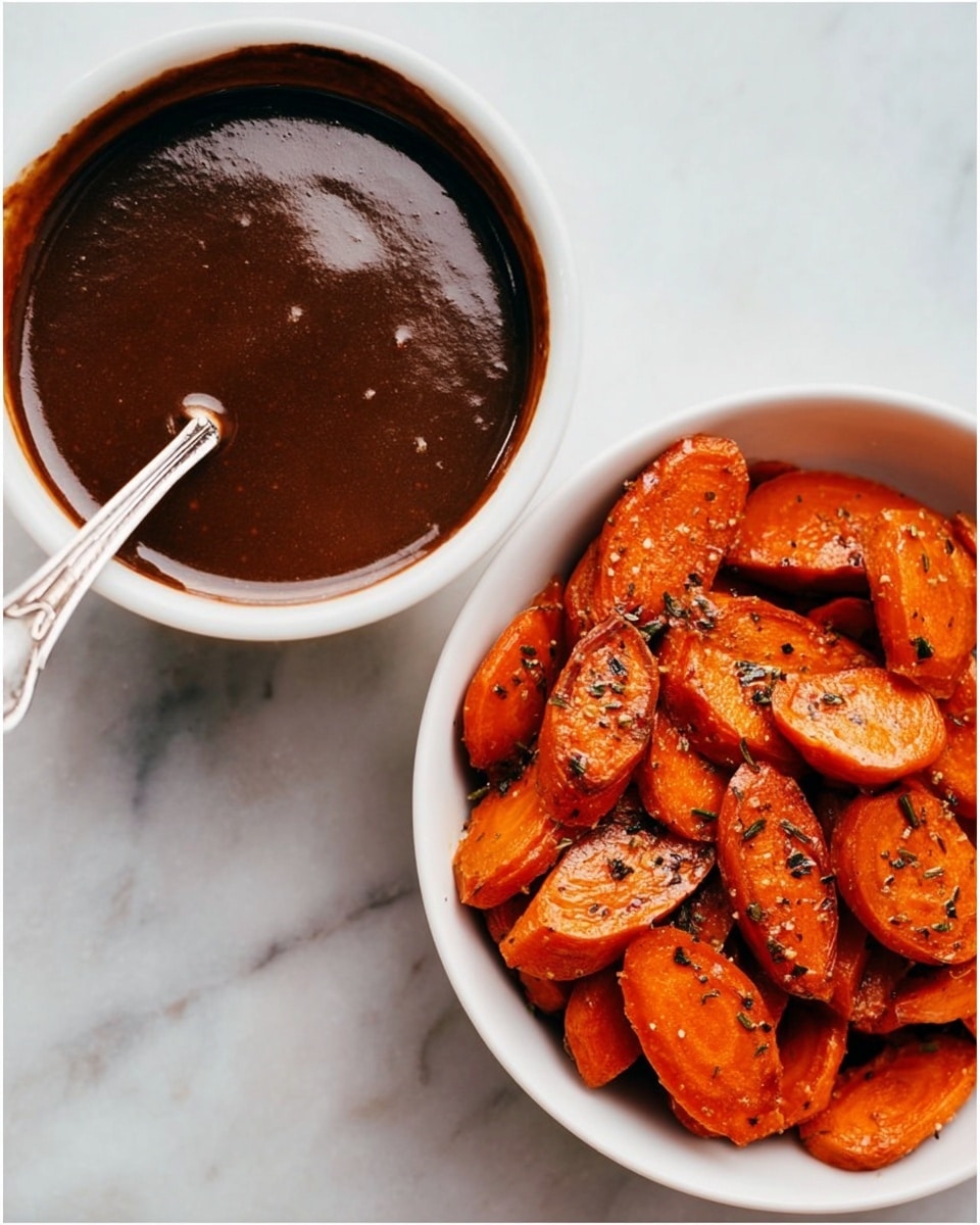 The image shows two white round bowls placed on a white marbled surface. The bowl on the left holds a dark brown sauce with a smooth texture, and a shiny silver spoon rests inside it, partially covered in the sauce. The bowl on the right contains roasted carrot slices, with a rich orange color slightly browned at the edges, seasoned with visible black pepper and small herbs. The carrots have a tender yet slightly crisp look, layered unevenly inside the bowl. Photo taken with an iphone --ar 4:5 --v 7