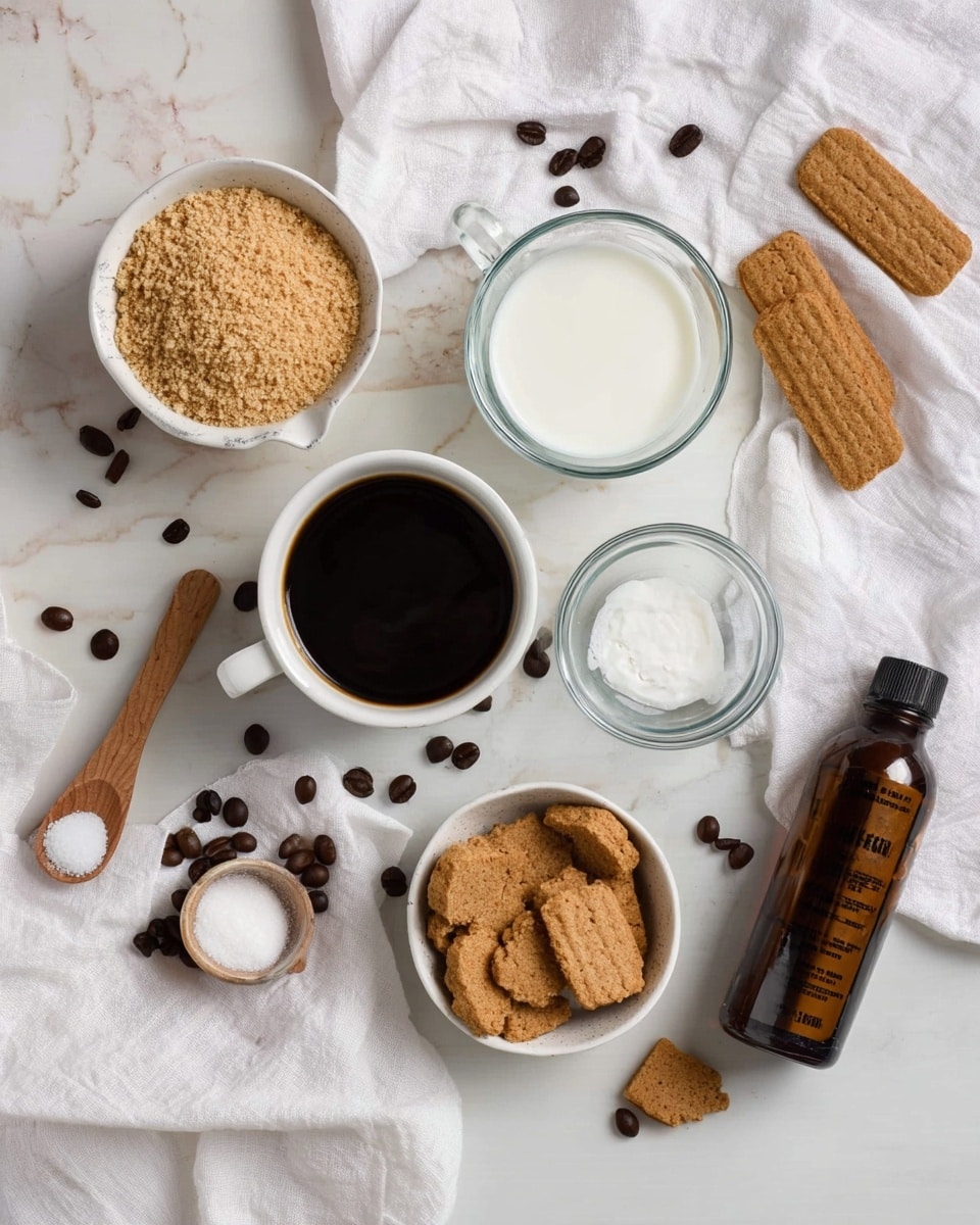 The image shows several small white bowls and a clear glass cup arranged on a white marbled surface with a crumpled white cloth underneath. One bowl contains light brown sugar, another has crushed brown biscuits with whole biscuits resting on top and around the bowls on the cloth. A glass cup holds black coffee with loose coffee beans scattered beside it. A white measuring cup contains a white liquid, likely cream, and another glass bowl has clear water. A small wooden spoon holds white granulated sugar, and a dark brown bottle of cooking butter flavoring sits nearby. The setup has a neat and simple look, with all items clearly visible and arranged in a balanced way. photo taken with an iphone --ar 4:5 --v 7