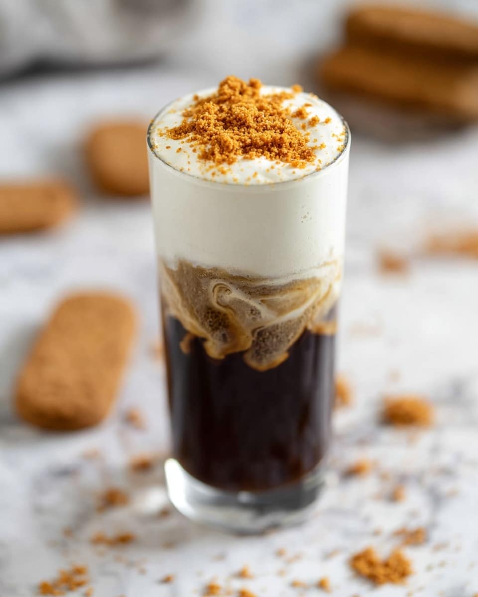 A tall clear glass filled with three visible layers: the bottom layer is dark brown, the middle layer is slightly lighter brown with a swirled texture, and the top layer is thick white cream sprinkled with light brown crumbles. The drink is placed on a white marbled surface with scattered light brown cookie pieces around. The background is softly blurred, keeping the focus on the glass. photo taken with an iphone --ar 4:5 --v 7