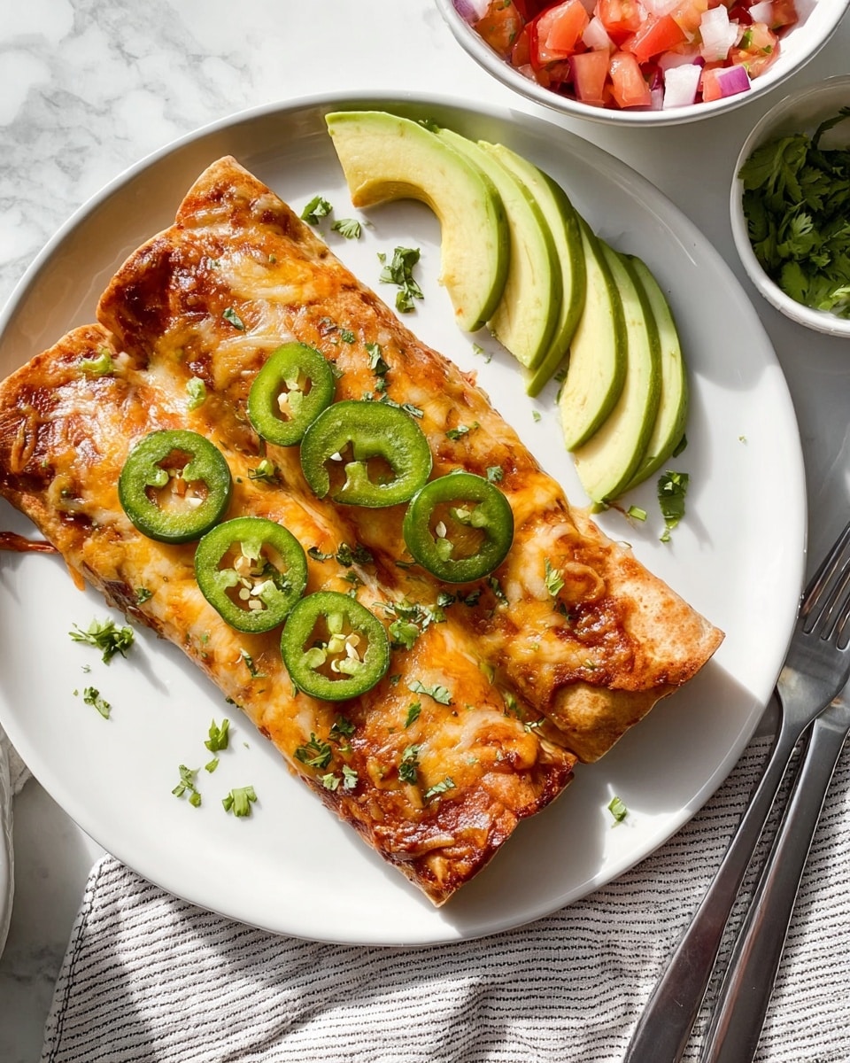 Two rolled enchiladas lie side by side on a white round plate. The bottom layer is a soft tortilla covered evenly with melted golden-brown cheese and a reddish sauce. On top, thin green slices of jalapeño peppers are placed along the length of each enchilada, sprinkled with small bright green chopped cilantro leaves. Next to the enchiladas, several thin slices of pale green avocado are arranged in a fan shape. The plate rests on a white marbled surface with a small bowl of diced tomatoes and onions to the side, along with a fork, knife, and a striped cloth napkin nearby. Bright natural light highlights the textures and colors, photo taken with an iphone --ar 4:5 --v 7
