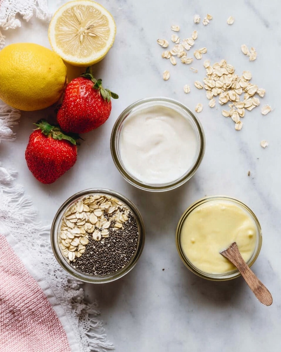 The image shows ingredients for a parfait arranged on a white marbled surface. At the top left corner are two whole strawberries and half a lemon with its seeds showing. Below them is a white cloth with lace edges. At the center of the image are two clear glass jars side by side. The one on the left contains a smooth white layer of yogurt, and the one on the right has three layers: the bottom layer is dark chia seeds, the middle layer is pale rolled oats, and the top is a scattering of oats. To the right of these jars is a small glass container with a pale yellow creamy mixture, with a wooden spoon inside. Some loose oats are scattered around the jars. photo taken with an iphone --ar 4:5 --v 7