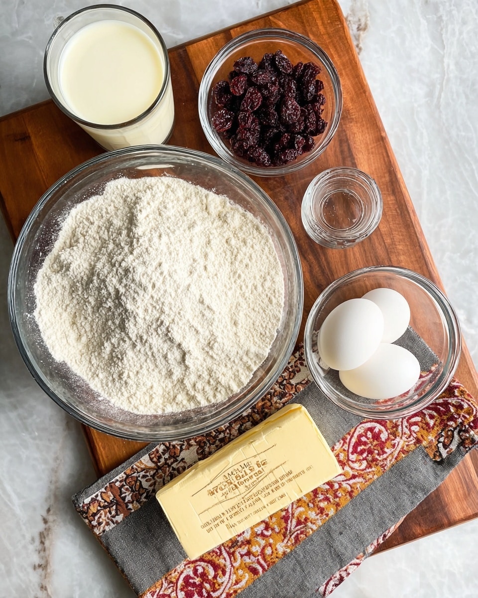 The image shows six glass bowls arranged on a wooden board and a white marbled surface. The largest bowl at the front contains a thick layer of white flour with a powdery texture. Behind it, there is a smaller bowl with several dark red dried berries, textured and slightly wrinkled. To the right of the berries, a bowl holds a rectangular block of light yellow salted butter with printed text on the wrapper. Above this, another bowl contains two smooth, white eggs resting side by side. On the left of the eggs, there is a glass filled with a creamy liquid that looks like milk or buttermilk. A patterned cloth with shades of gray, red, orange, and yellow lies under the large bowl of flour. The photo taken with an iphone --ar 4:5 --v 7