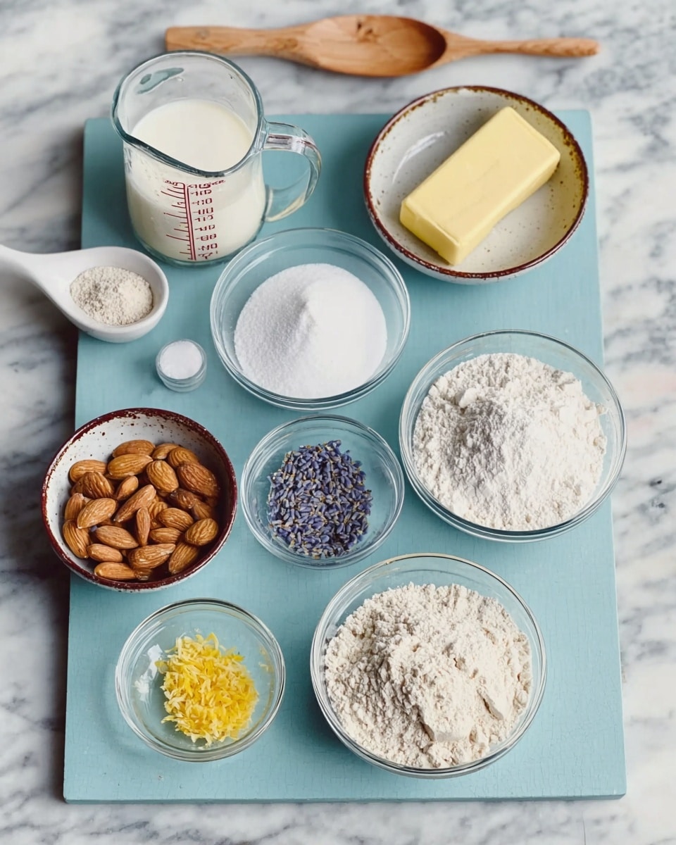 A light blue rectangular board sits on a white marbled surface, holding various clear and small white ceramic bowls with brown rims filled with baking ingredients. On the top right, there is a stick of yellow butter, next to a medium clear bowl of white sugar, and a larger clear bowl of white flour. Toward the bottom right, a small white ceramic bowl contains white salt, while a very small clear bowl on the bottom left holds yellow lemon zest. On the left side, a medium clear bowl is filled with light brown sliced almonds, above it is a glass measuring cup with milk, and in the center is a small white ceramic bowl with dried light purple lavender flowers next to a small clear bowl with white powder. A wooden spoon rests on the marble countertop behind the board. Photo taken with an iphone --ar 4:5 --v 7