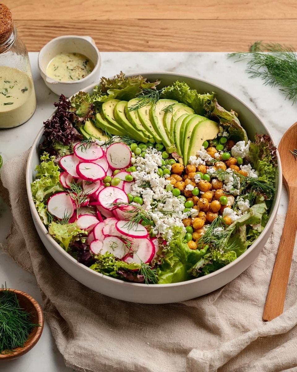 A white bowl filled with a fresh salad sits on a white marbled surface with a beige cloth underneath. The salad has a base of mixed green leaves, topped with two large slices of creamy green avocado placed on opposite sides. Around the avocado, there are thin round slices of red radish with white centers evenly spread out. Scattered over the salad are small green peas and golden-brown roasted chickpeas. Small dollops of white cheese add a soft texture, while sprigs of fresh green dill add a touch of color and freshness. In the background, there are small white bowls containing salt, cheese, and radishes. The overall look is bright, fresh, and colorful. Photo taken with an iphone --ar 4:5 --v 7