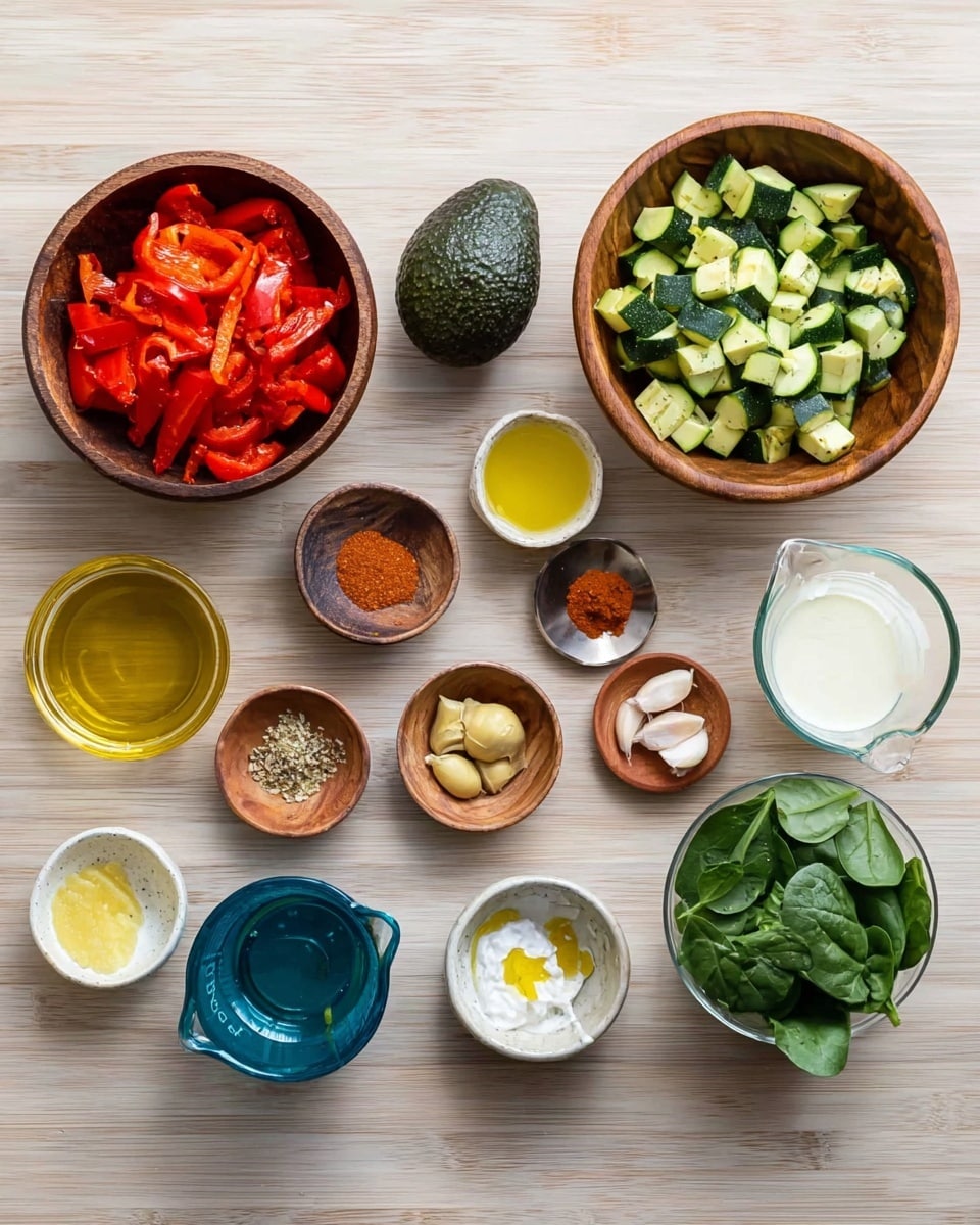 The image shows various ingredients arranged neatly on a white marbled surface. There are three wooden bowls: one with bright red roasted peppers, another with chopped green zucchini pieces, and a third with fresh green spinach leaves. Between the bowls, there is a whole dark green avocado and a small glass bowl filled with golden yellow olive oil. Several small brown and blue ramekins hold cloves of chopped garlic, minced ginger, salt, and other spices. A blue measuring cup contains white cream, and a small glass has a light yellow liquid, probably lemon juice. The colors include green, red, yellow, white, and earthy tones, all displayed clearly and evenly spaced, photo taken with an iphone --ar 4:5 --v 7
