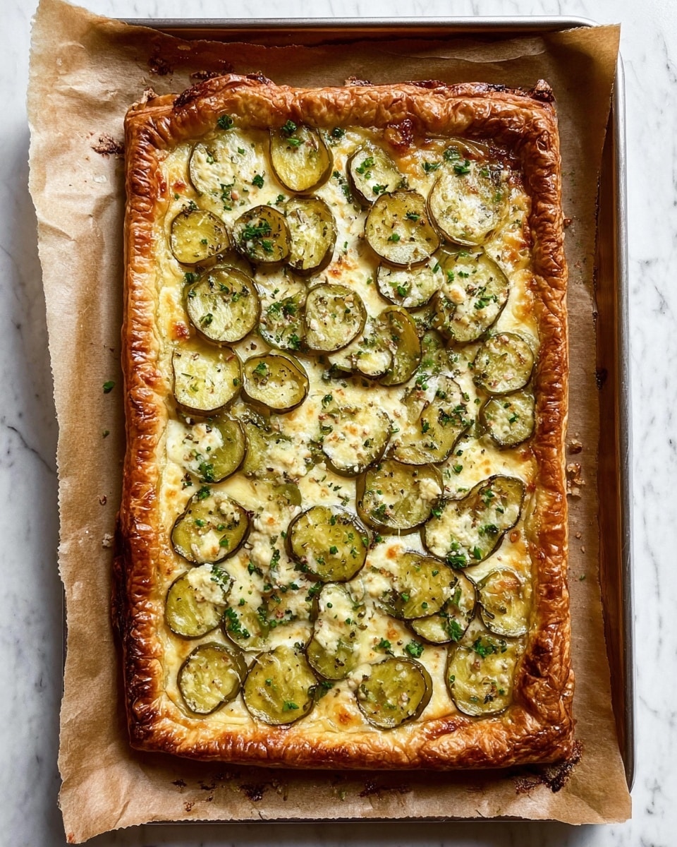 A rectangular tart sits on parchment paper on a baking sheet, with golden brown puff pastry forming a thick, crispy crust edge around the tart. Inside, there is one main layer of melted cheese that looks creamy and slightly browned in spots. On top of the cheese, there are many overlapping slices of light green pickles with dark green edges, arranged evenly to cover the surface. Small bits of chopped green herbs are scattered across the top, adding a fresh touch. The whole scene is set on a white marbled surface. Photo taken with an iphone --ar 4:5 --v 7