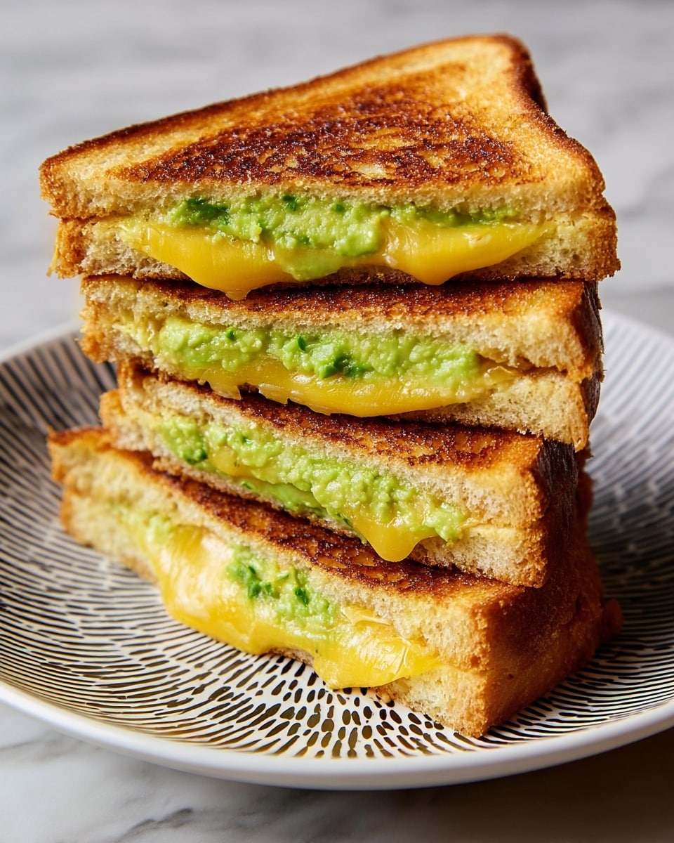 A woman's hand holds two halves of a toasted sandwich stacked together showing two layers inside; each half has a golden-brown crisp bread layer on the top and bottom, with a creamy, light green avocado spread mixed with melted cheese filling the middle, with the cheese visible oozing slightly between the slices. The background is a white marbled texture. Photo taken with an iphone --ar 4:5 --v 7