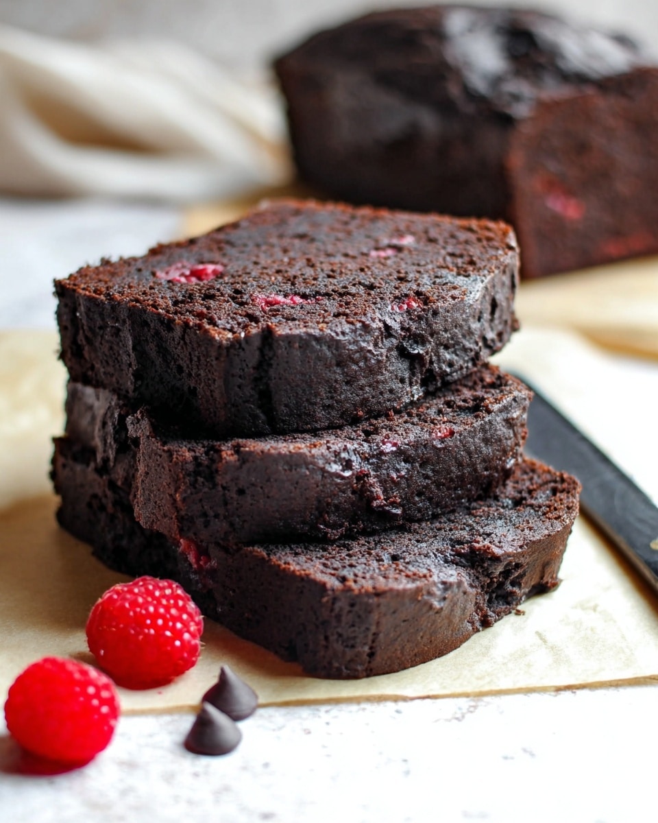 This image shows three thick slices of dark chocolate cake stacked on top of each other on a light parchment paper surface with a white marbled texture background. The cake looks moist and dense, with visible small red berry bits inside each slice. Near the cake slices, two fresh red raspberries and a few chocolate chips are placed slightly in the front right side. In the background, a whole loaf of the same cake is visible slightly out of focus, and a small black knife is lying next to it. The scene is bright with soft natural light coming from the top side, highlighting the textures on the cake. photo taken with an iphone --ar 4:5 --v 7