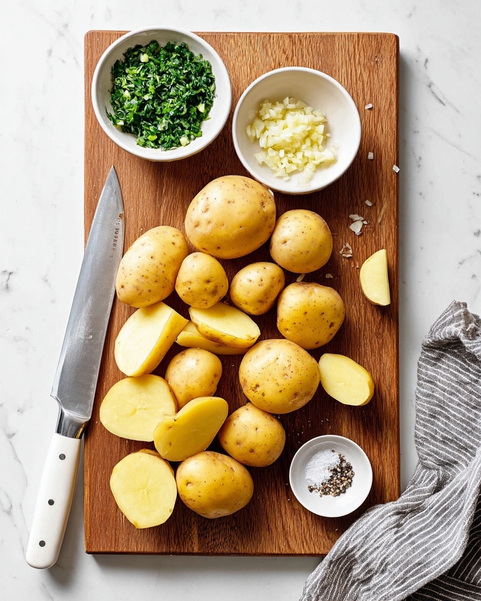 The image shows a wooden cutting board on a white marbled surface with several whole and halved yellow potatoes scattered across it. There is a large knife with a white handle resting on the board, positioned diagonally. Two white bowls sit on the top of the board, one filled with finely chopped garlic and the other with chopped green herbs. A small white bowl containing salt and black pepper is placed near the bottom right corner, next to a gray and white striped cloth. The scene is bright and clean, with all items arranged naturally. photo taken with an iphone --ar 4:5 --v 7