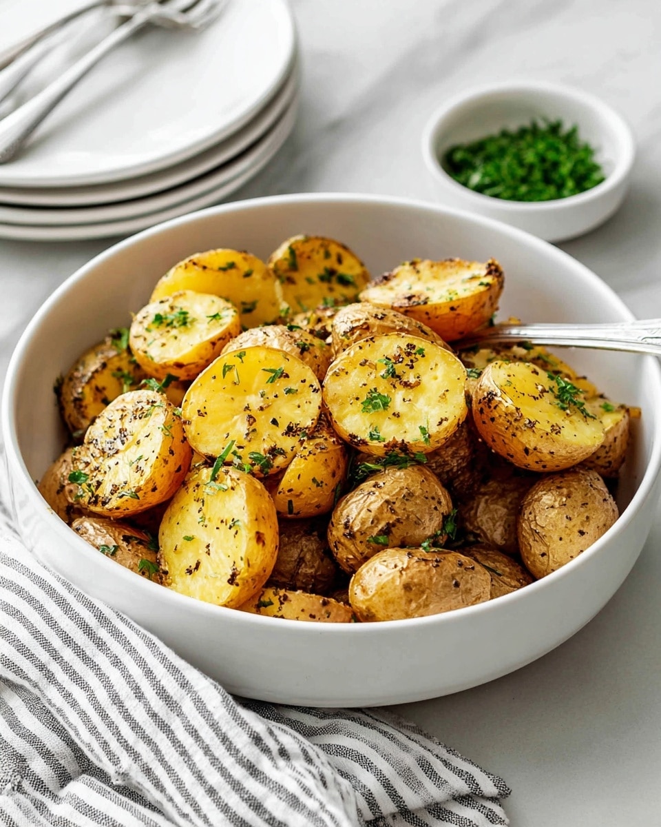 A white bowl filled with several layers of roasted small potatoes, each cut in half, showing a golden crisp outside with light yellow soft insides, sprinkled with small bits of green herbs and black pepper. The bowl sits on a white marbled surface, with a silver spoon resting inside, and in the background there is a white bowl with finely chopped green herbs visible along with stacks of white plates and silver forks. A striped cloth napkin is partially visible under the bowl, photo taken with an iphone --ar 4:5 --v 7