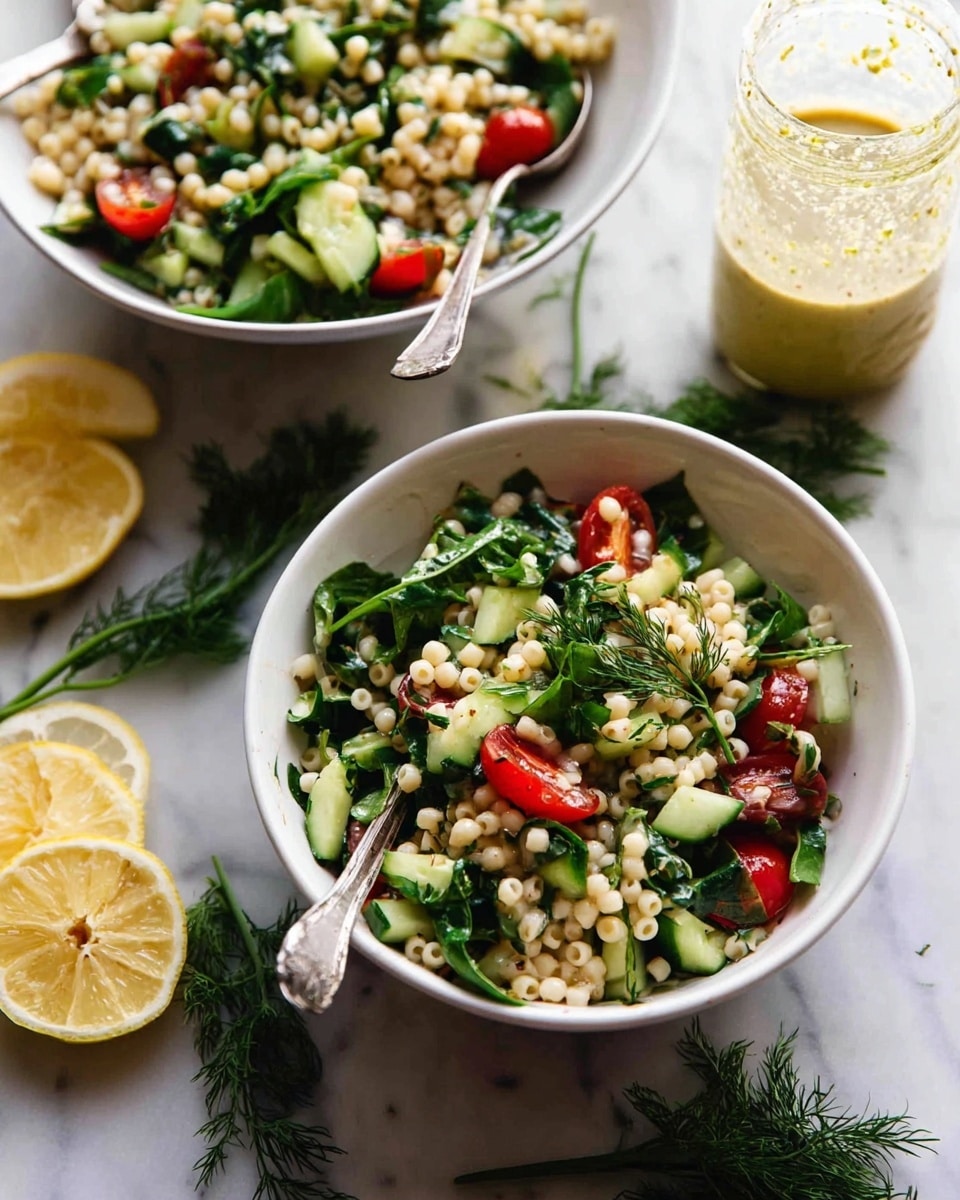 Two white bowls filled with a salad made of small round pasta, green leafy vegetables, sliced red cherry tomatoes, and small cucumber pieces. The salad layers are mixed, showing the white pasta pearls on top, with fresh green leaves and sliced vegetables underneath. A silver spoon rests inside each bowl. Around the bowls, there are fresh green dill sprigs and three lemon wedges placed on a white marbled surface. A glass jar with a yellowish dressing is visible near the bowls. Photo taken with an iphone --ar 4:5 --v 7